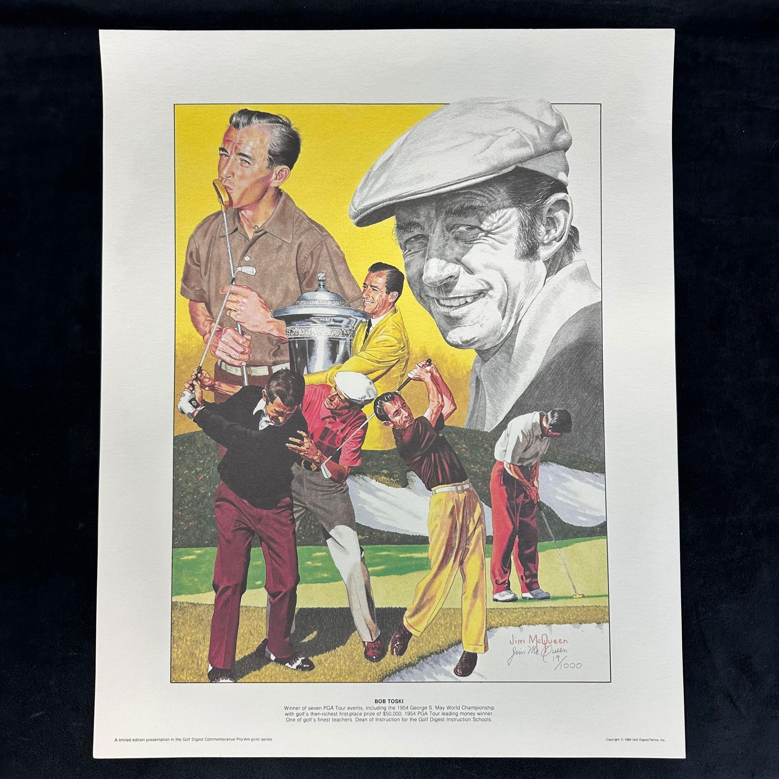Jim McQueen Signed and Numbered Lithograph Bob Toski Golf Digest Commemorative Print #19: Limited edition lithograph by noted golf artist Jim McQueen, titled “Bob Toski”. This piece was issued in 1984 as part of the Golf Digest Commemorative Pro-Am Series. Hand-signed by the