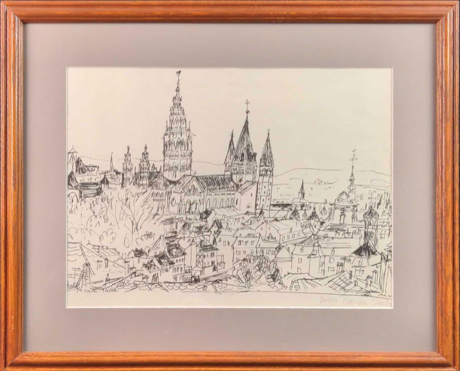 Framed Hand Signed Pen And Ink Print Temple Cathedral: Here is a framed print of an original pen & ink. It has the copied signature along with a penciled signature underneath it. This appears to be a church similar to St. Stephen's Cathedral in