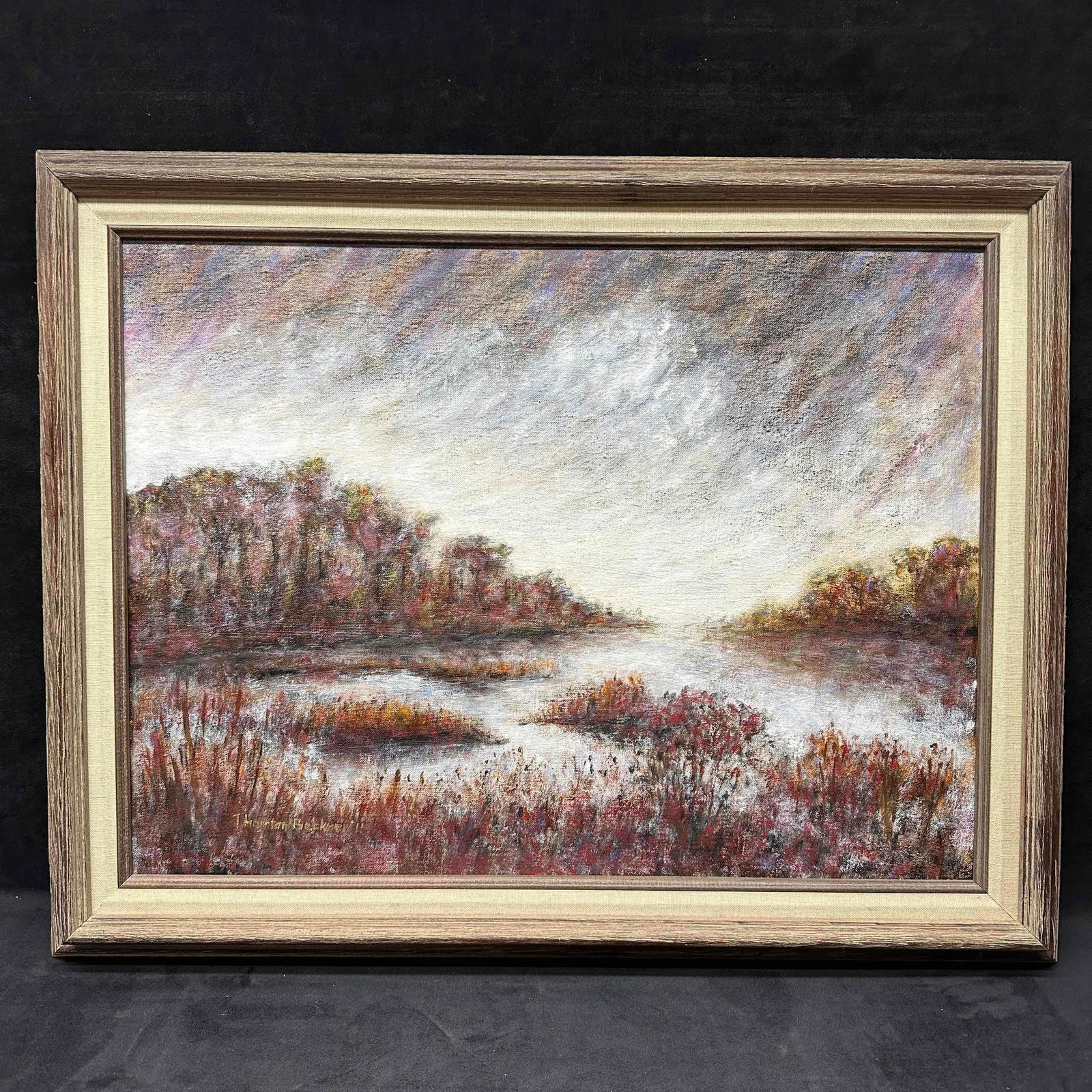 Autumn Marsh Landscape Oil on Canvas R145: Canvas is a little loose from framing. Unknown artist. Signature in the bottom left hand corner of the artwork. This item is in pre-owned, previously displayed condition with normal light wear, and su