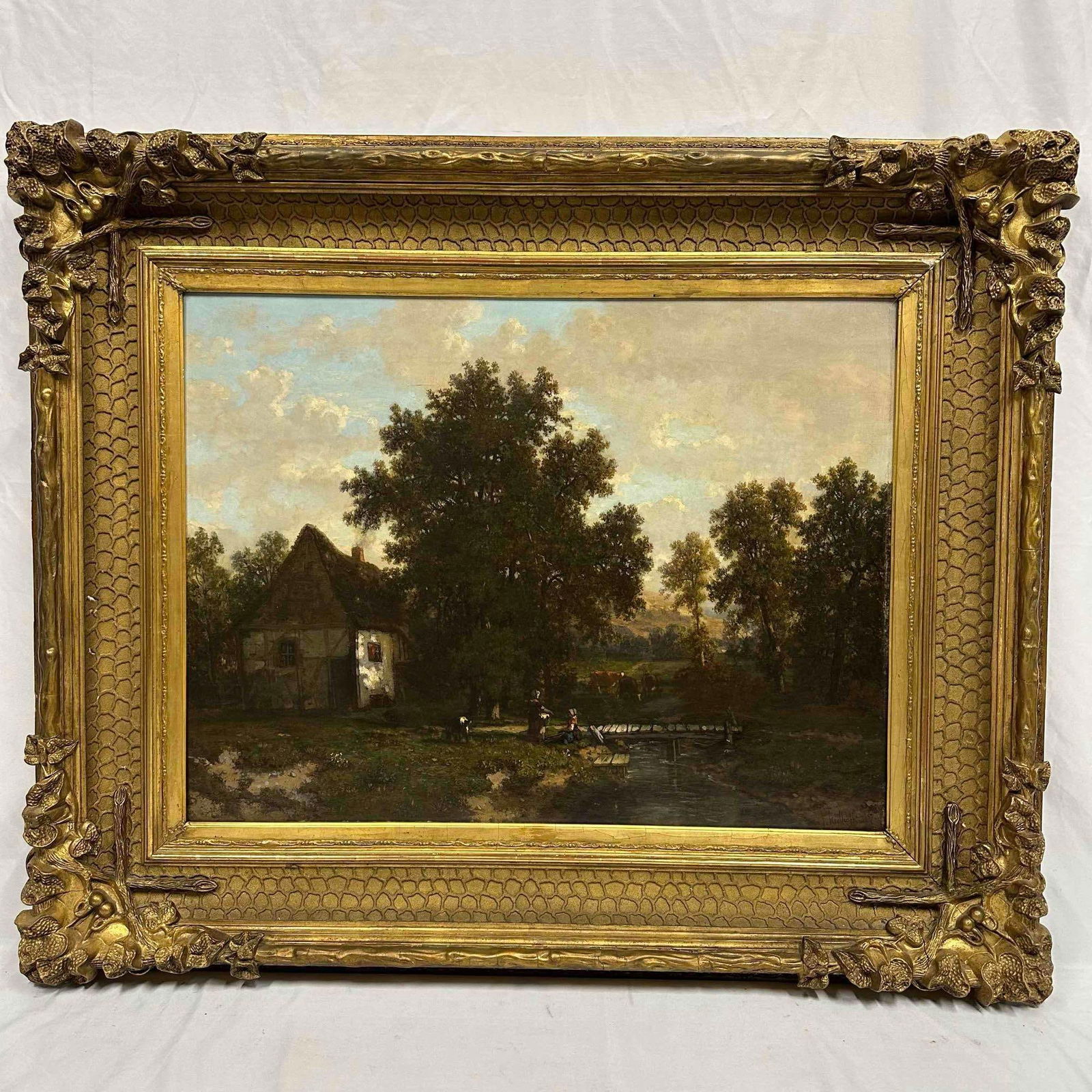 Frans Keelhoff Cottage by the Stream Dutch 19th Century Framed Original Oil on Canvas Dated 1857 J: A 19th-century oil on canvas by Frans Keelhoff (Dutch, active mid-1800's), dated on the back of the canvas 1857, depicting a tranquil rural scene rich in pastoral charm and natural detail. Framed