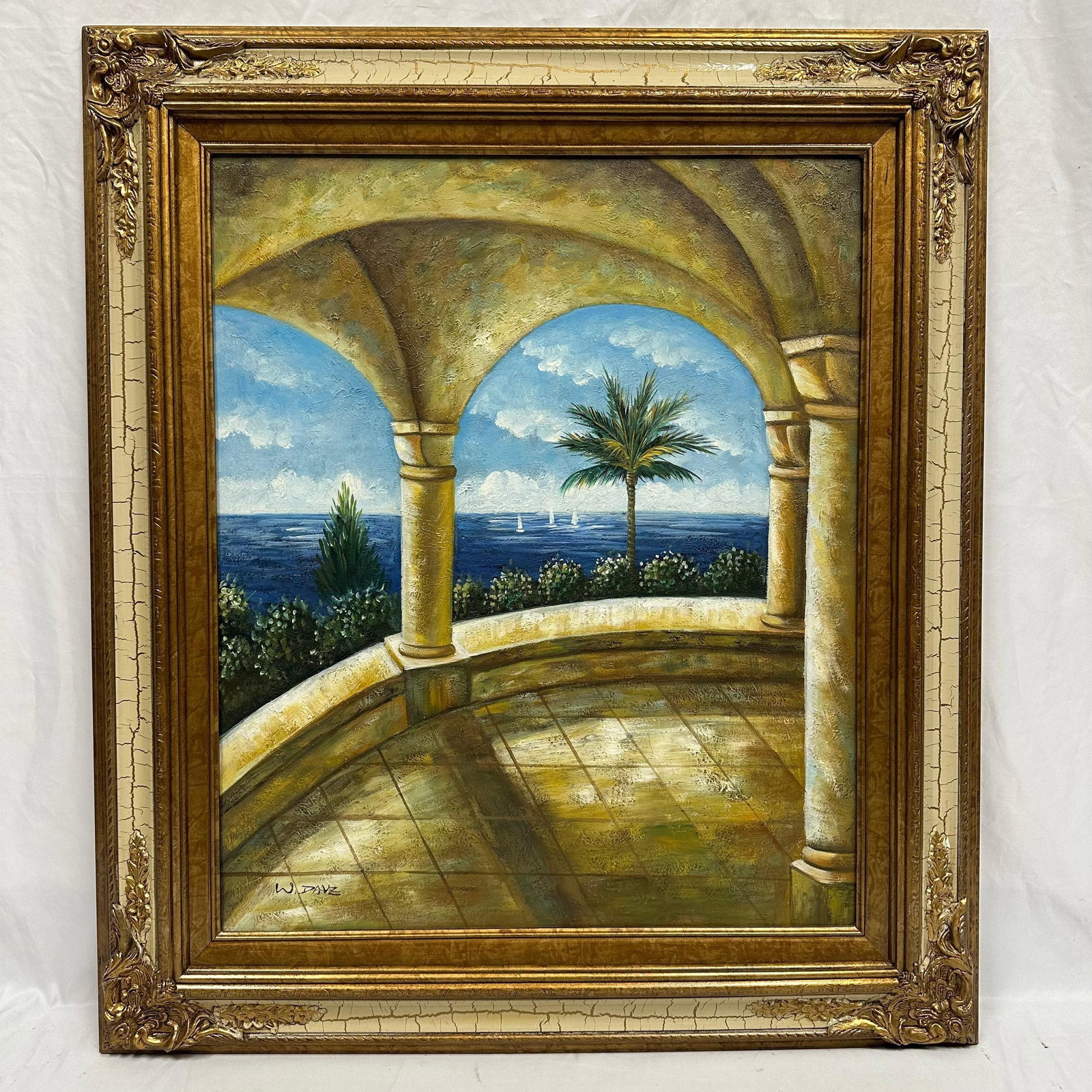 W. Dave Signed Original Oil Painting Mediterranean Style Terrace with Ocean View: Original oil painting on canvas signed W. Dave, depicting a Mediterranean-style terrace overlooking a serene blue sea with sailboats gliding across the horizon. The composition is framed by stone arch
