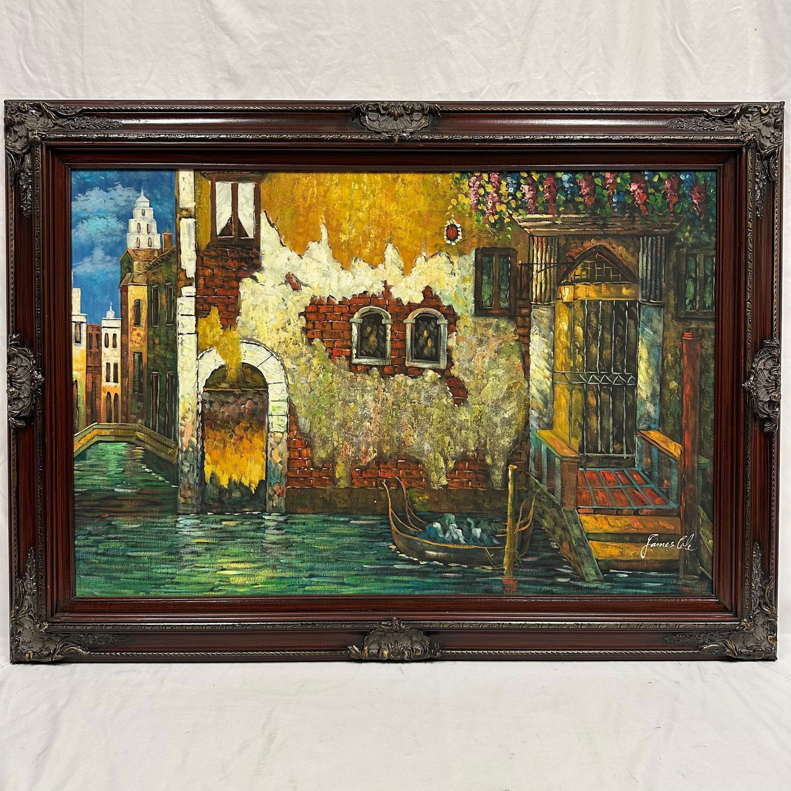 James Cole Original Oil Painting Venetian Canal Scene with Gondola and Weathered Facades: Oil painting on canvas signed “James Cole”, depicting a rustic Venetian canal scene with a gondola gliding past colorful, time-worn architecture. The composition features textured stucco walls