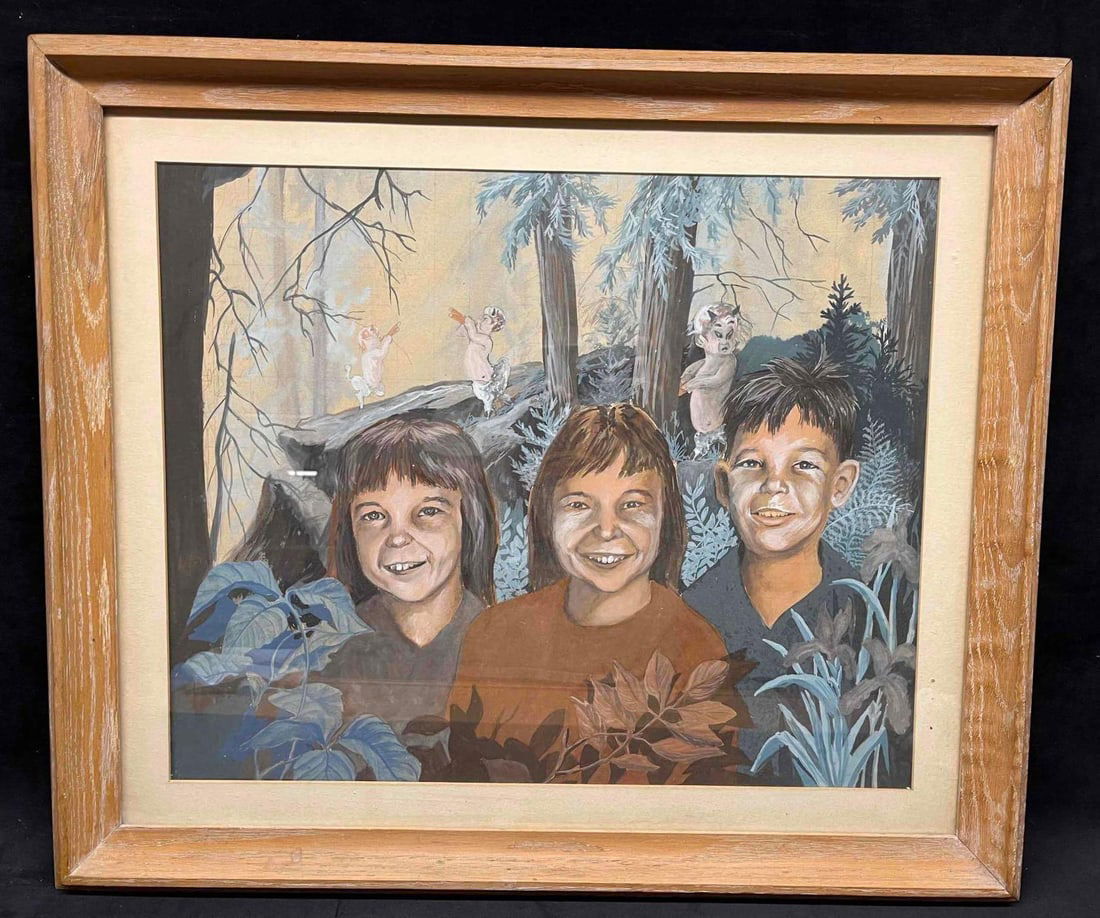 Framed Abstract Mixed Media Artwork: This lot contains a Framed Abstract Mixed Media Artwork. The piece has a surrealist feel to it as three siblings in their youth stand among musical fauns. The frame is approx 23" x 27" while the artwo