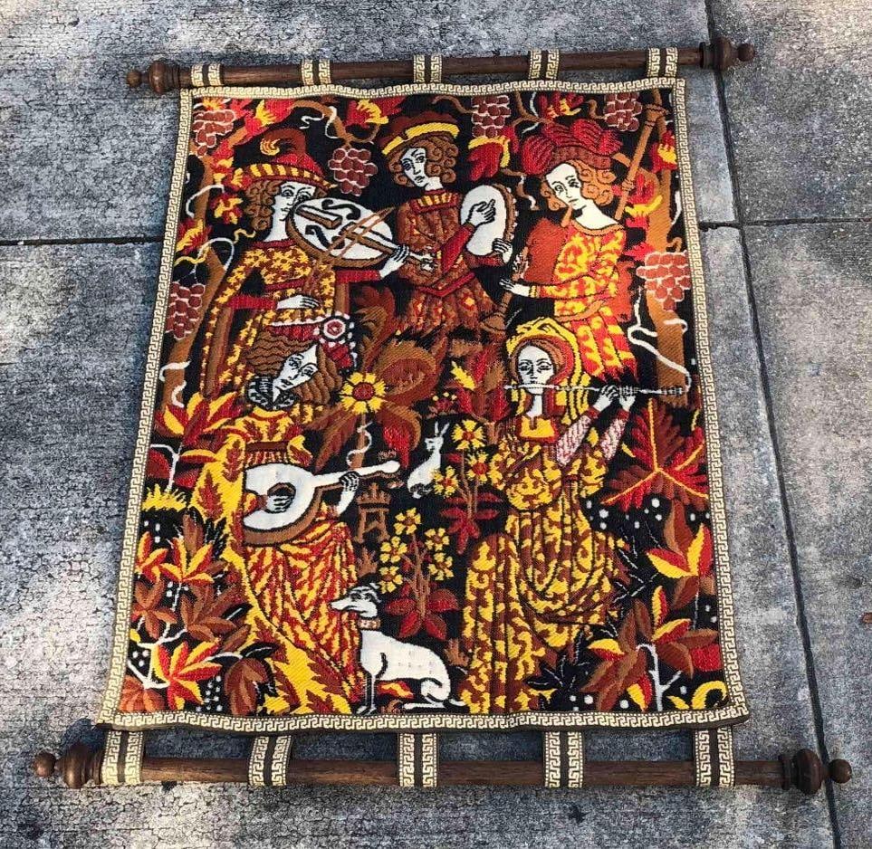 Handmade Tapestry Fernandez Angulo, S.A Musical Quintet: This lot contains a handmade Fernandez Angulo, S.A Tapestry titled, "Musical Quintet". This tapestry is an exact reproduction of the original as it was conceived and woven by craftsman in the early