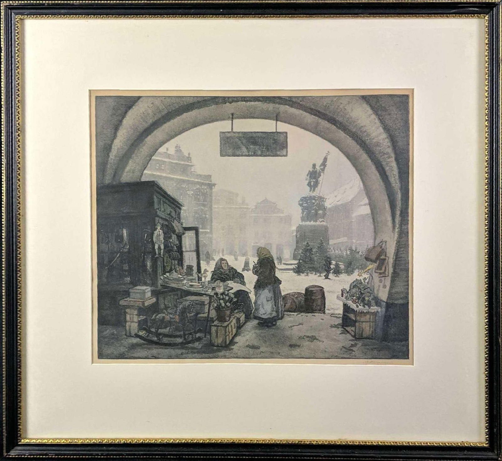 Vintage Jaromír Stretti Zamponi Framed Print T5: Jaromír Stretti Zamponi signed print of a Christmas market at the Malostranské Nám?stí (Is the main square of Prague's Malá Strana. St. Nicholas Church and the adjacent building complex