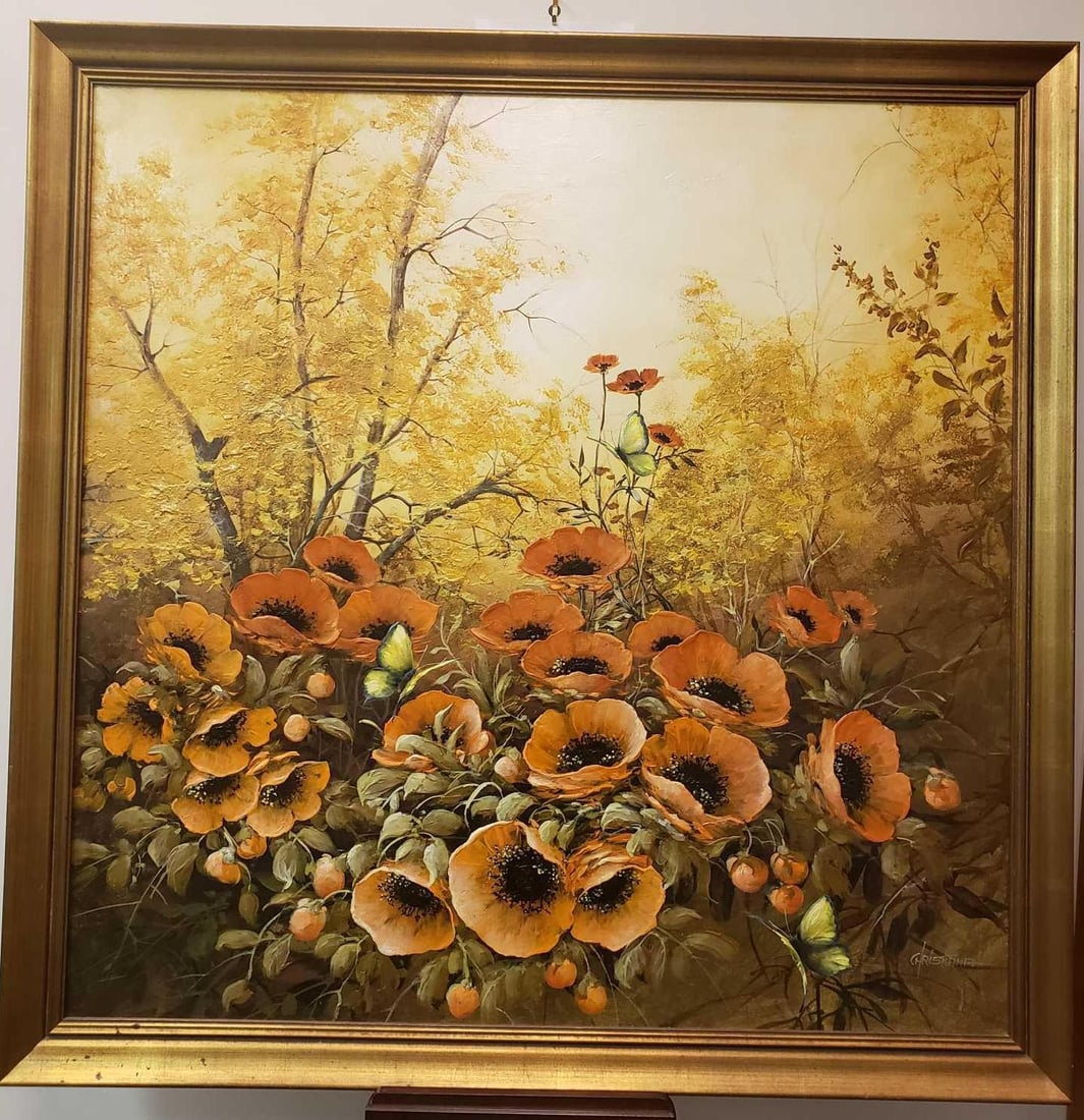 Red Poppies Fall Landscape Oil Painting by Christiana: Red Poppies Fall Landscape Oil Painting by Christiana. This painting is in good condition. It appears to show a fall landscape scene with red poppies and is signed in the bottom right corner by "Chris