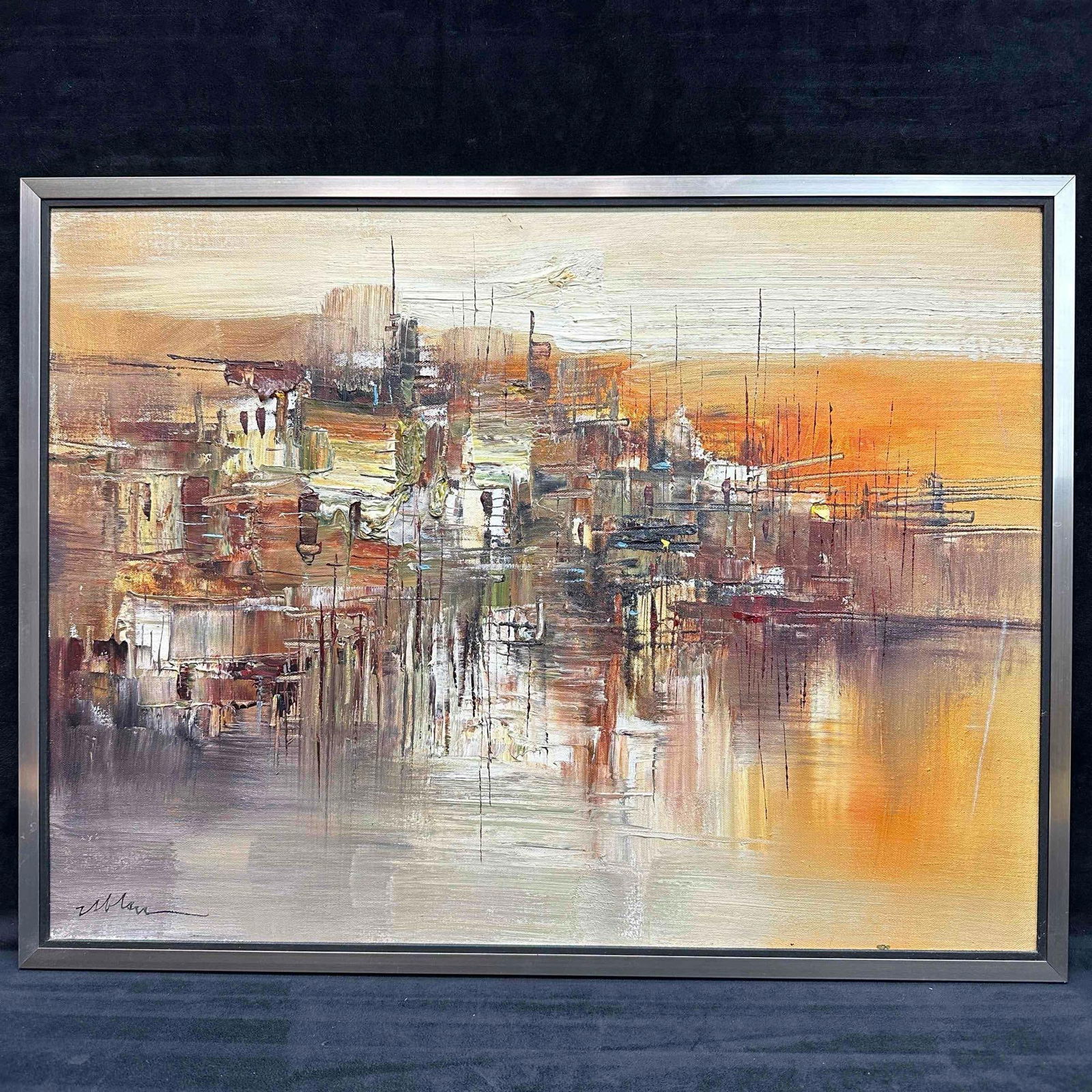 Abstract Urban Landscape Painting Warm Color Palette JB: This artwork is a abstract oil painting with a warm color palette of oranges, browns, and whites. The style appears to be reminiscent of mid-century modern art. The artist's signature is visible i