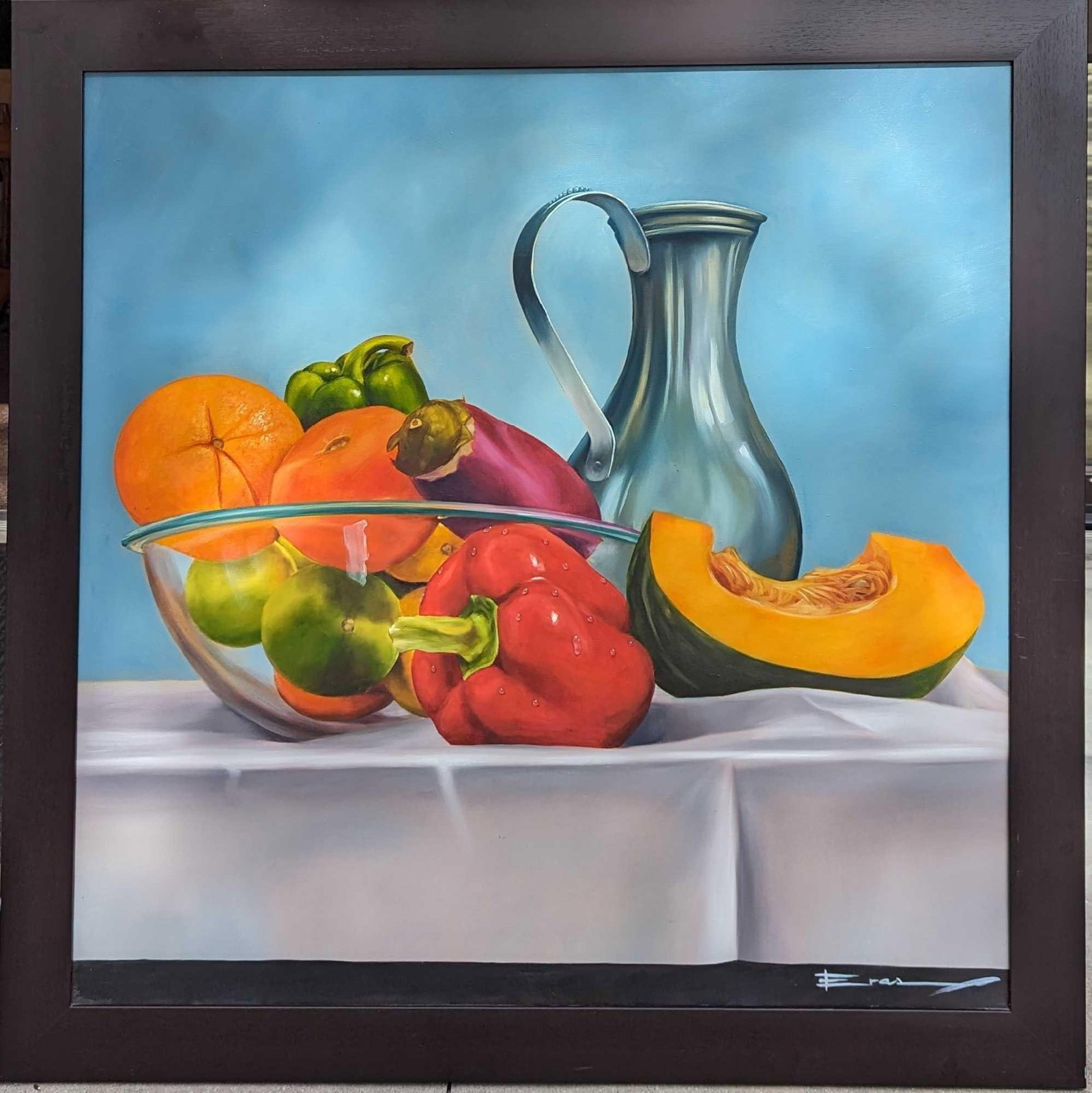 Original Acrylic On Canvas Fruits & Vegetables: Original Acrylic On Canvas Fruits & Vegetables. This is approx 45 5/8" x 1" x 46" and it weighs 12.50 lbs. The original was signed by the artist on the bottom right. We could not find