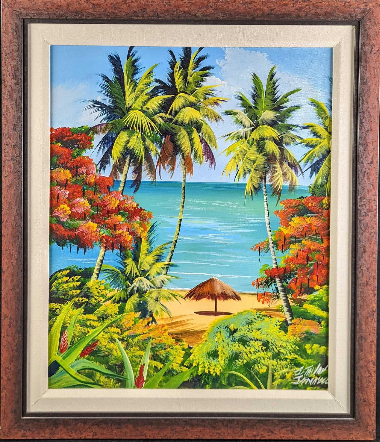 F26 Framed Original Acyrlic On Canvas Colorful Beach: Here is an original acyclic on canvas of a colorful beach scene. The artist signed the original on the bottom right. The framed original is approx 24 1/4" x 1" x 28" and it weighs 5lbs. The
