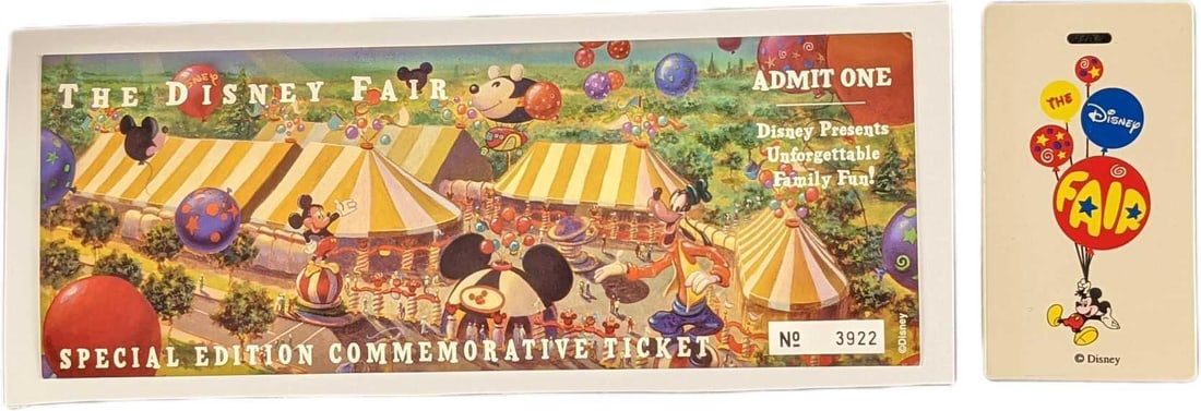 The Disney Fair Special Edition Ticket & Luggage Tag: This lot consists of one "Special Edition Commemorative Ticket" #3922 and one "The Disney Fair" luggage tag. The ticket is approx 10"x 4" and the tag is approx 2 1/2" x 4 1