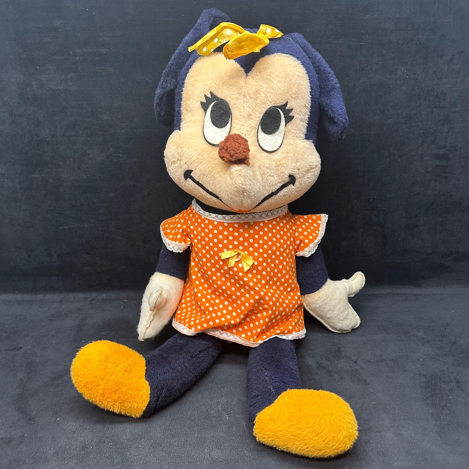 Walt Disney Productions Minnie Mouse Plush Doll 1960s 70s Stuffed Plush Toy #2: Vintage Walt Disney Minnie Mouse plush doll, manufactured by California Stuffed Toys under Walt Disney Productions. This piece likely dates to the 1960s–1970s and features Minnie dressed in her orig