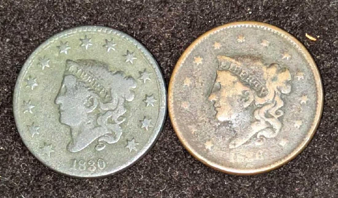 1830 And 1836 US Coronet Head Cents: 1830 And 1836 US Coronet Head Cents DETAILS: Metal - .CopperSize - -29mmWeight - 20.20gMint - PhiladelphiaYear - 1830 and 1836Graded - No