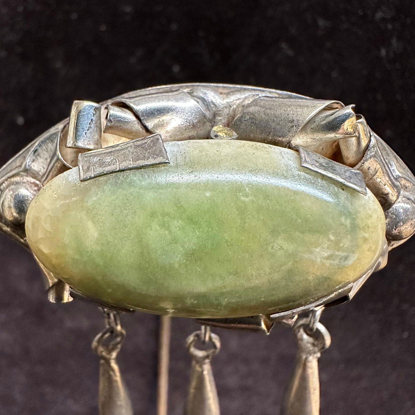 Green Calcite Cabochon Silver Brooch Silverwork Dangle - 2