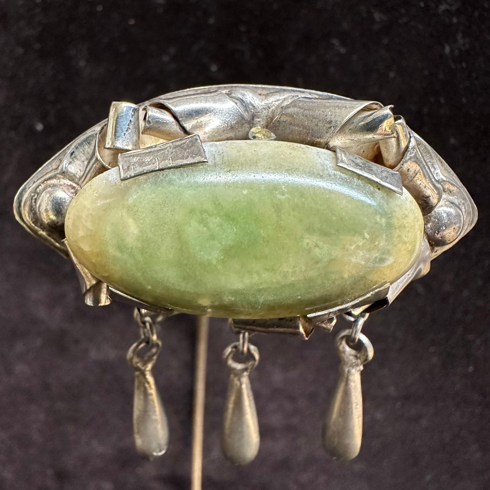 Green Calcite Cabochon Silver Brooch Silverwork Dangle - 3