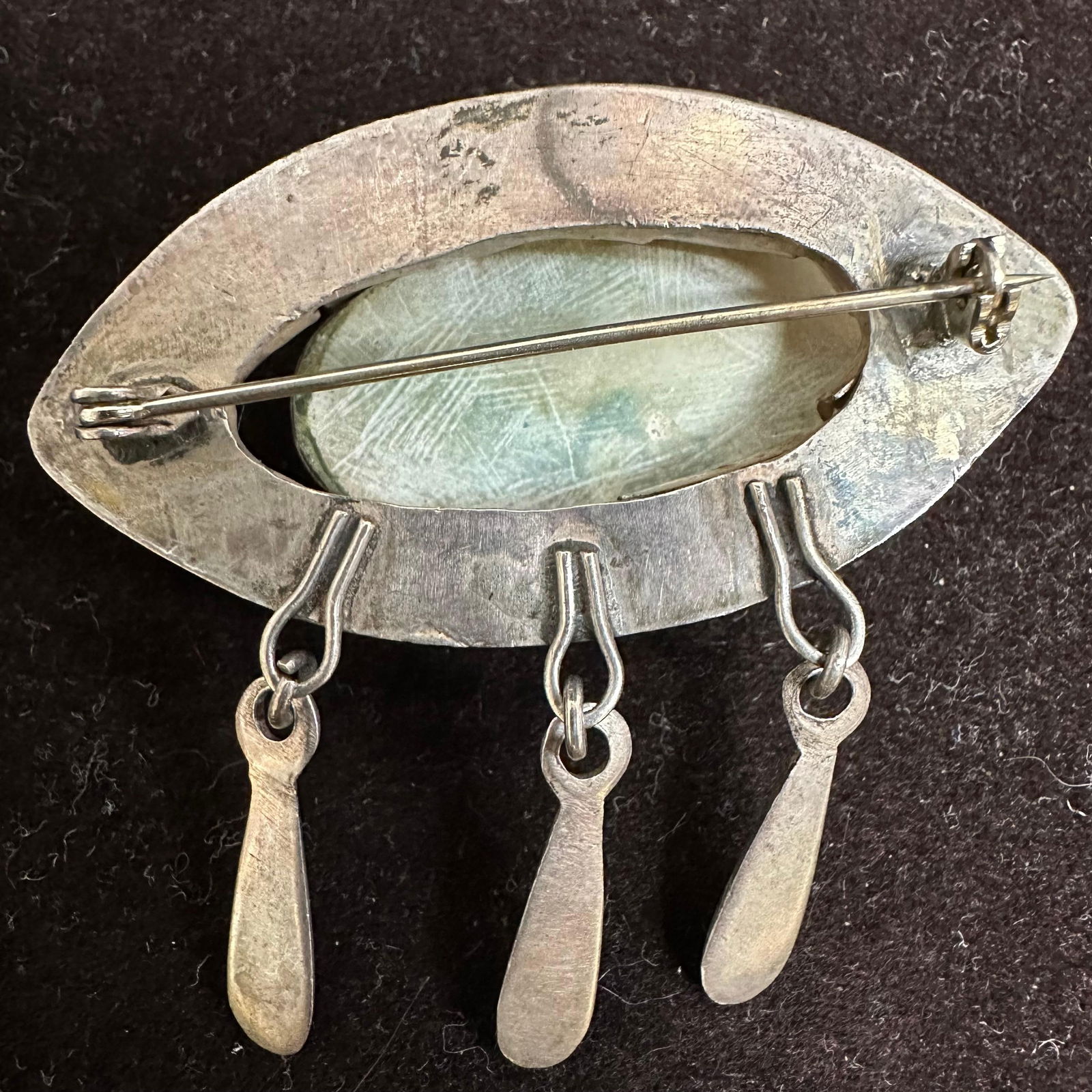 Green Calcite Cabochon Silver Brooch Silverwork Dangle - 6