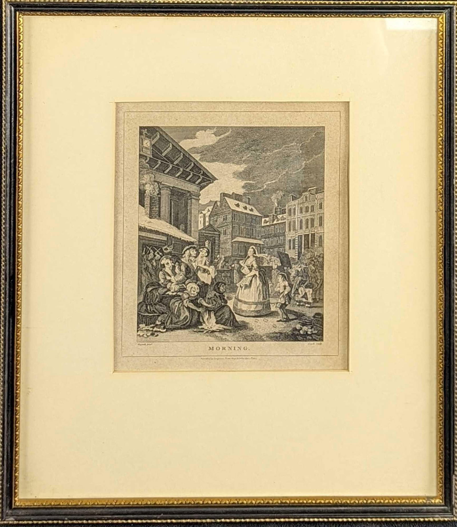 Framed Morning Engraving By T. Cook After W. Hogarth: The print shows the morning and is part of a series representing the progress of the day. The prude is crossing Covent Garden Piazza, disapproving of the amorous scenes outside the notorious Tom