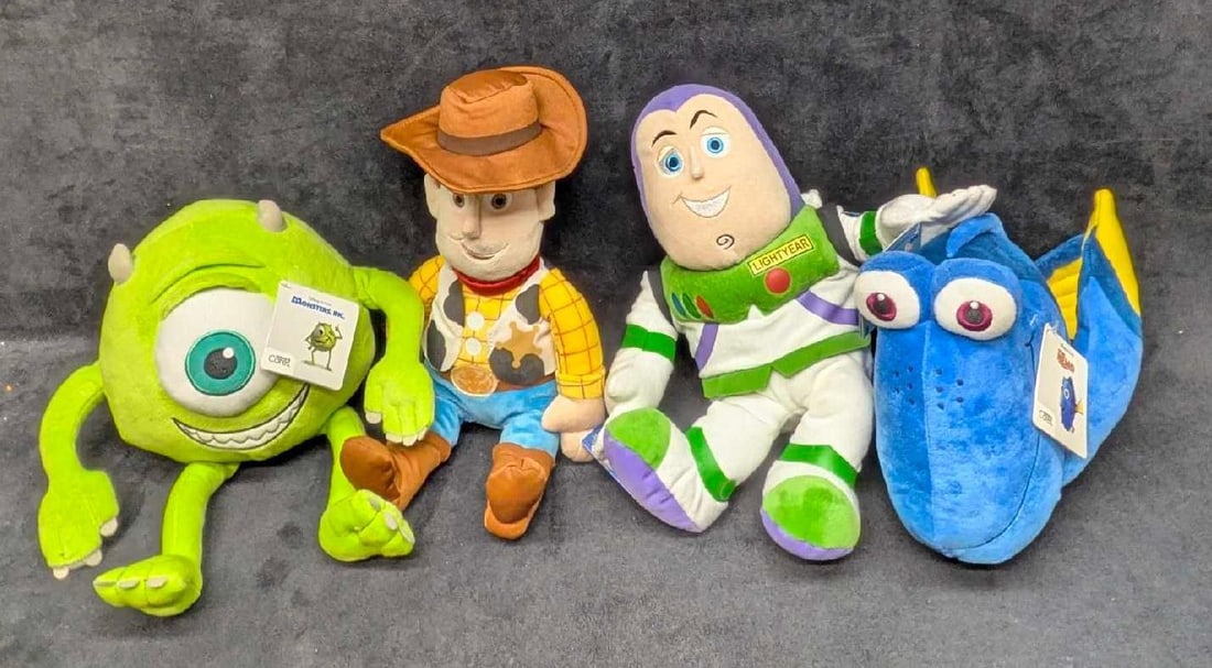 4 Disney Pixar Monsters Inc Toy Story Finding Nemo Plushes: 4 Disney Pixar Monsters Inc Toy Story Finding Nemo Plushes. This lot includes: (1) Kohl's Cares Monsters Inc Michael "Mike" Wazowski Plush. This is approx 6 1/2" x 11 1/2" x 11