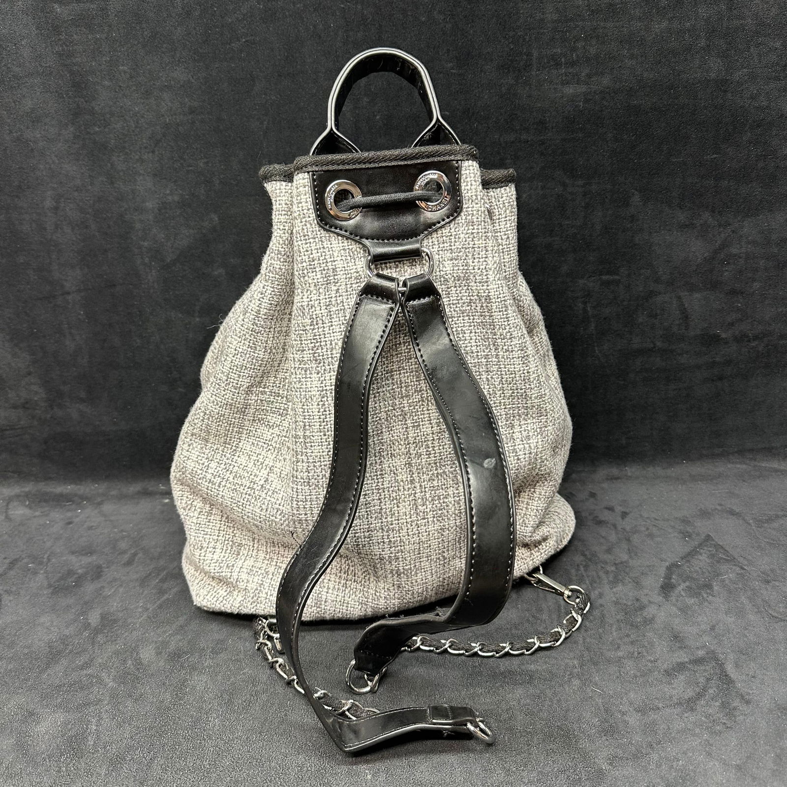 Designer Inspired Canvas Drawstring Backpack Black and Gray - 5