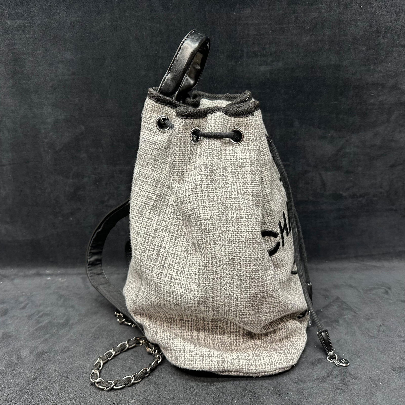 Designer Inspired Canvas Drawstring Backpack Black and Gray - 6