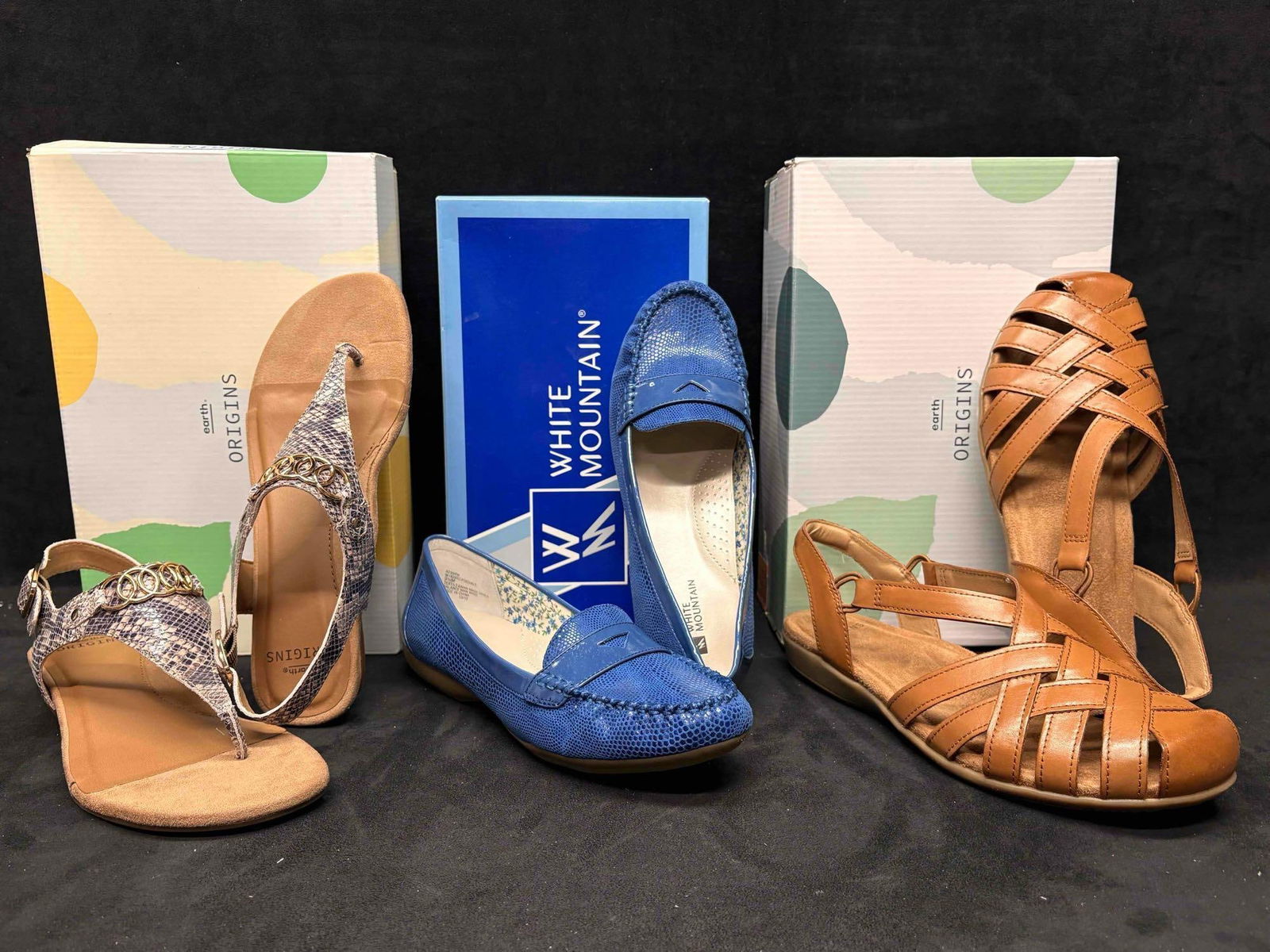 Earth Origins Brown and Snake Print Sandals with White Mountain Blue Loafer Bundle: Sitting in brand-new to like-new conditions, this bundle consists of orthopedic, comfort-focused Women's shoes. Still in their original boxes, both sandals are in good shape with no