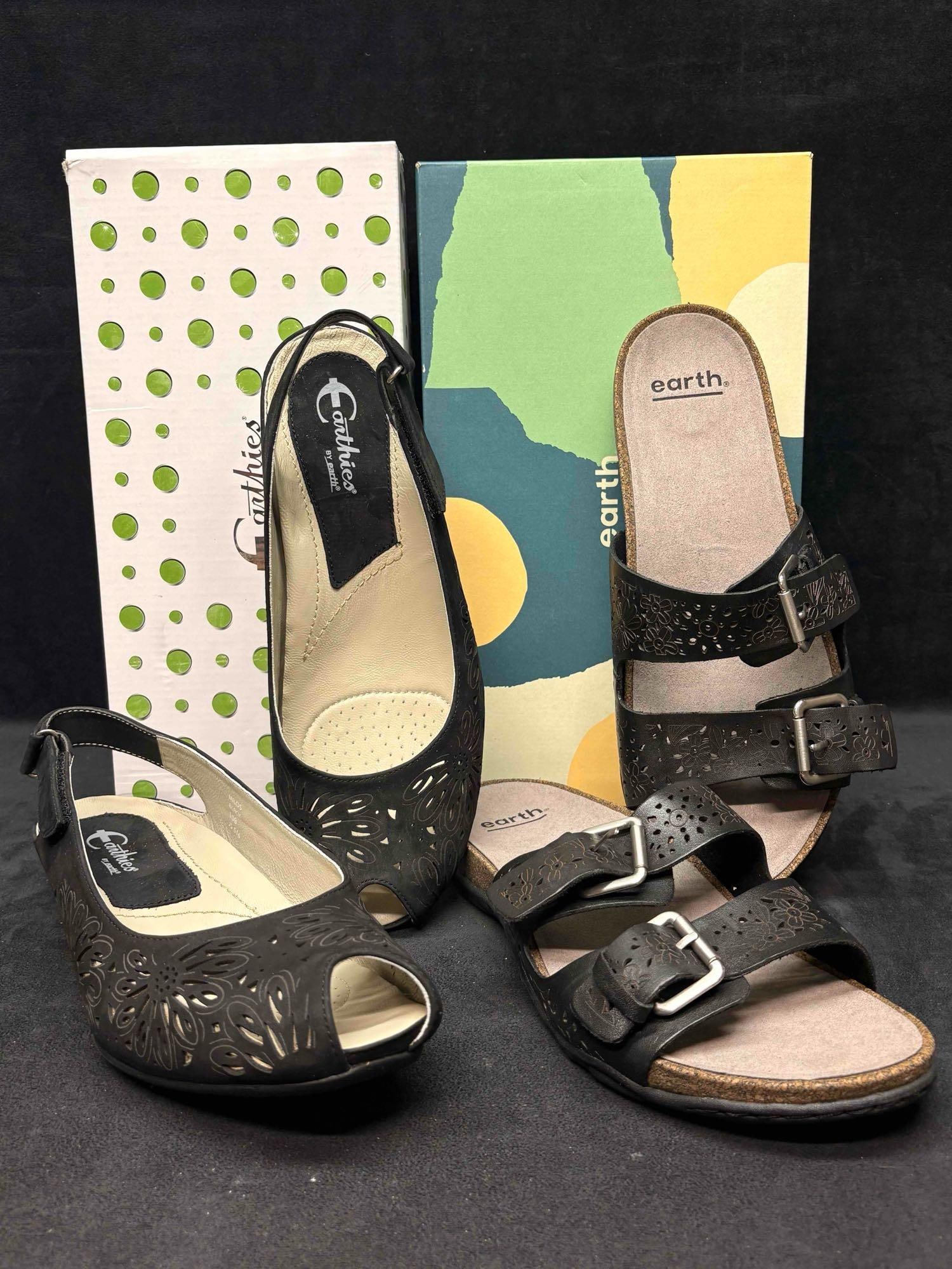Earth and Earthies Comfort Sandals Bundle: Sitting in brand-new to like-new conditions, this bundle consists of orthopedic, comfort-focused Women's shoes. Still in their original boxes, both sandals are in good shape with no visible/notice