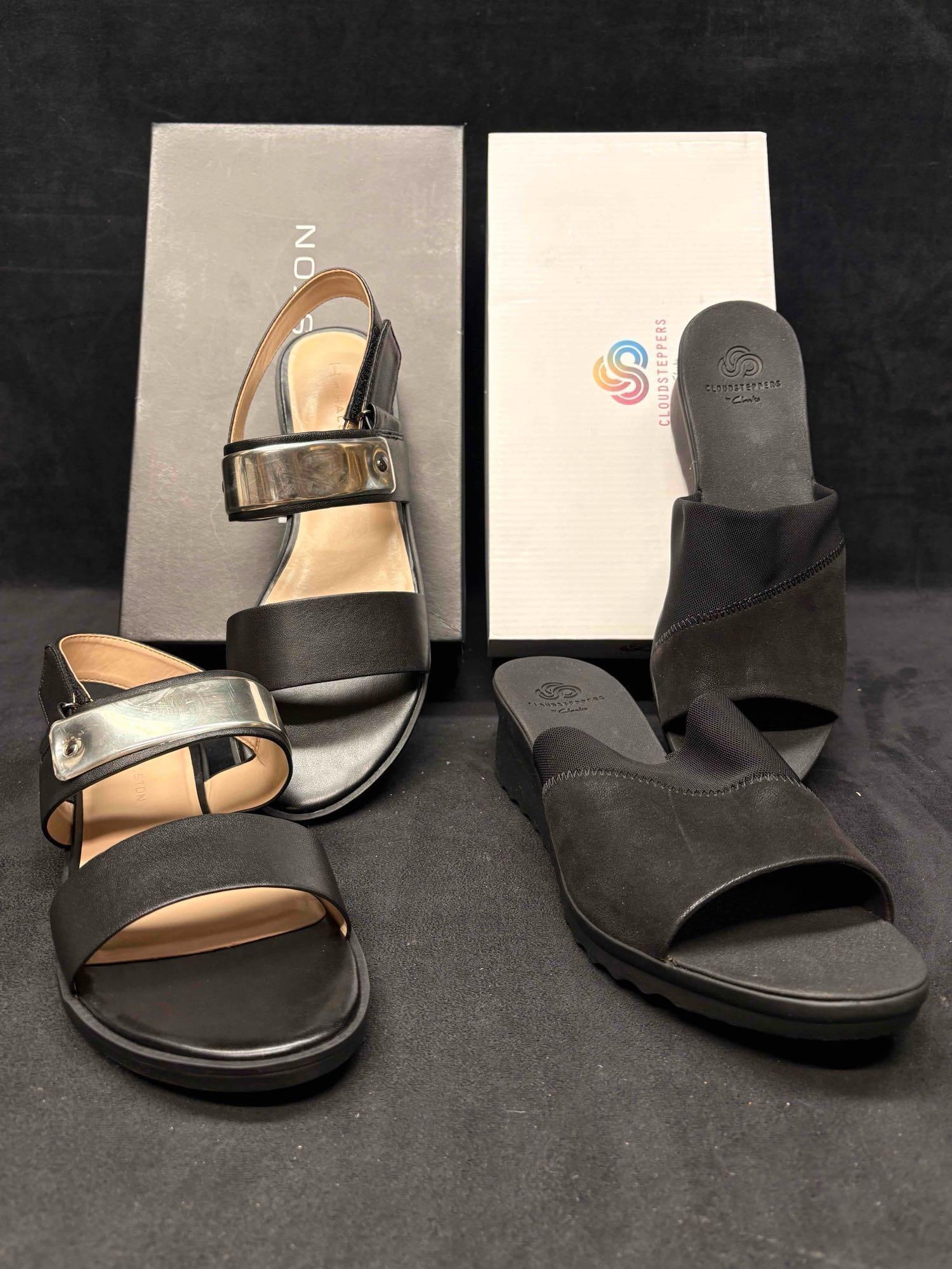 H by Halston Gold Metal Plate Sandals and Clarks Cloudsteppers Black Slide Sandals Bundle (1 of 20)