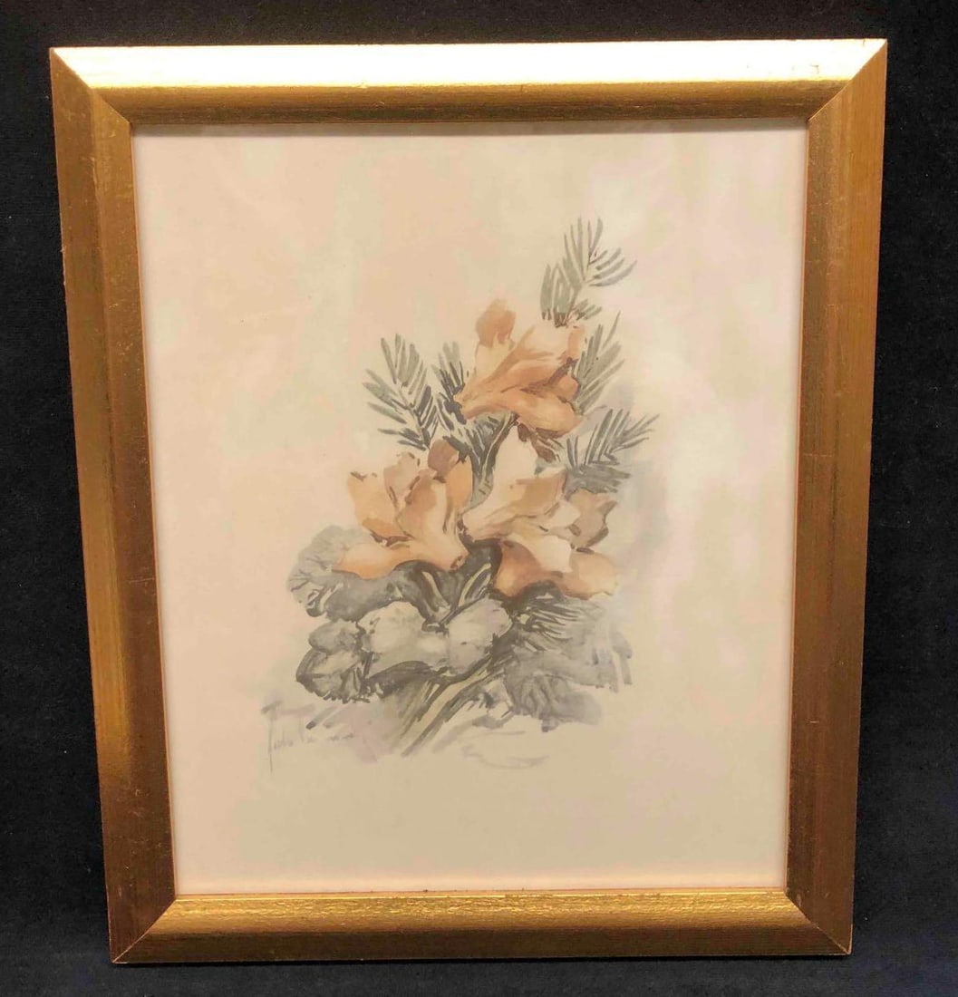 Vintage Signed & Framed Watercolor Pink Flowers: This lot contains a Vintage Signed & Framed Watercolor Pink Flowers. It is approx 10 1/2" x 8 3/4" and it weighs about 0.8lbs. Overall the artwork is in good used condition with some light wear from u
