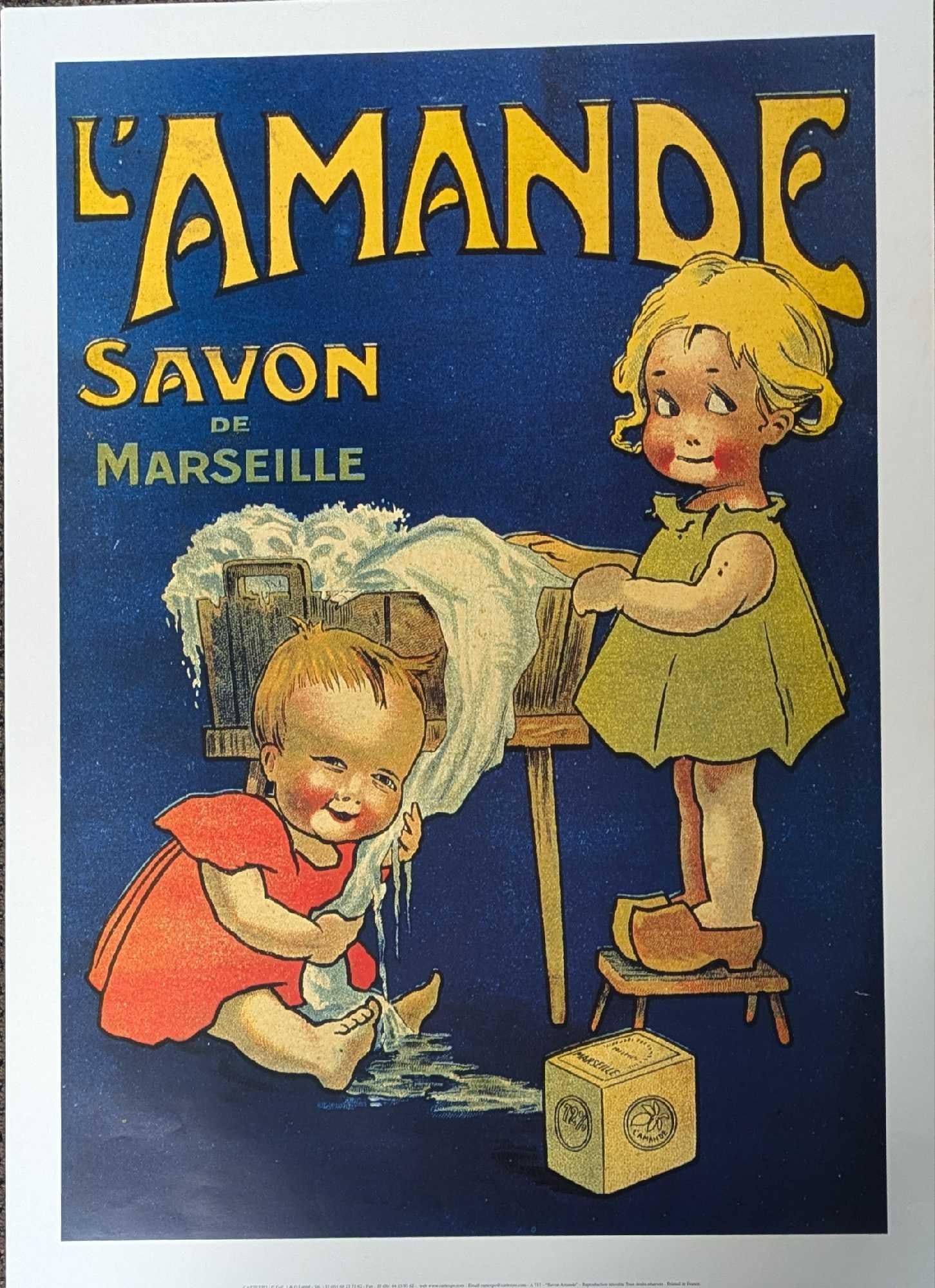 L'Amande Savon de Marseille French Soap Reproduction Poster: L'Amande Savon de Marseille French Soap Reproduction Poster. This is 19" x 27 1/2" and it weighs 0.15lb. There are some light creases and small rips on the left side due to age and storage.