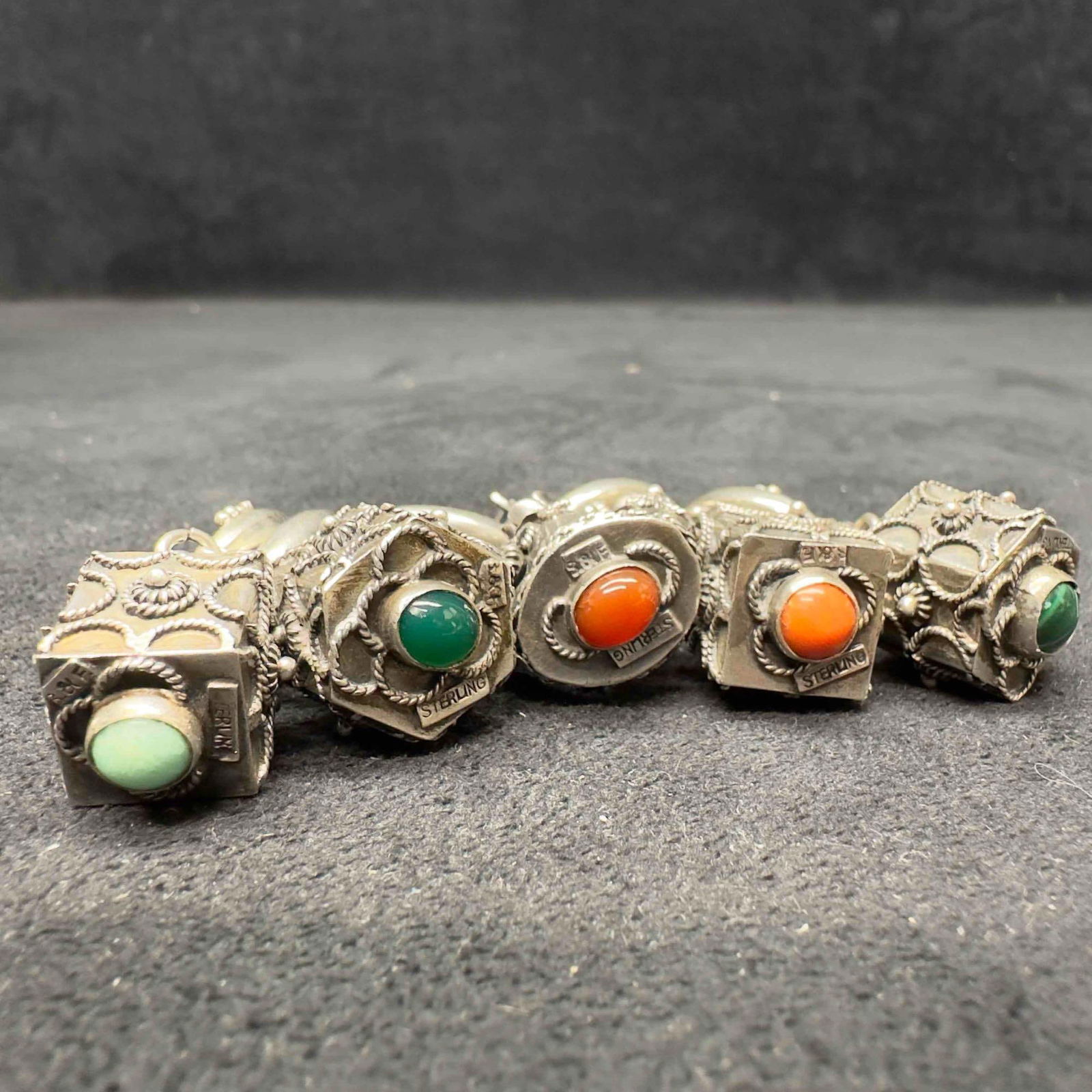 S & F Multicolor Gems Sterling Five Ornate Charms Mariner Link Bracelet (1 of 10)