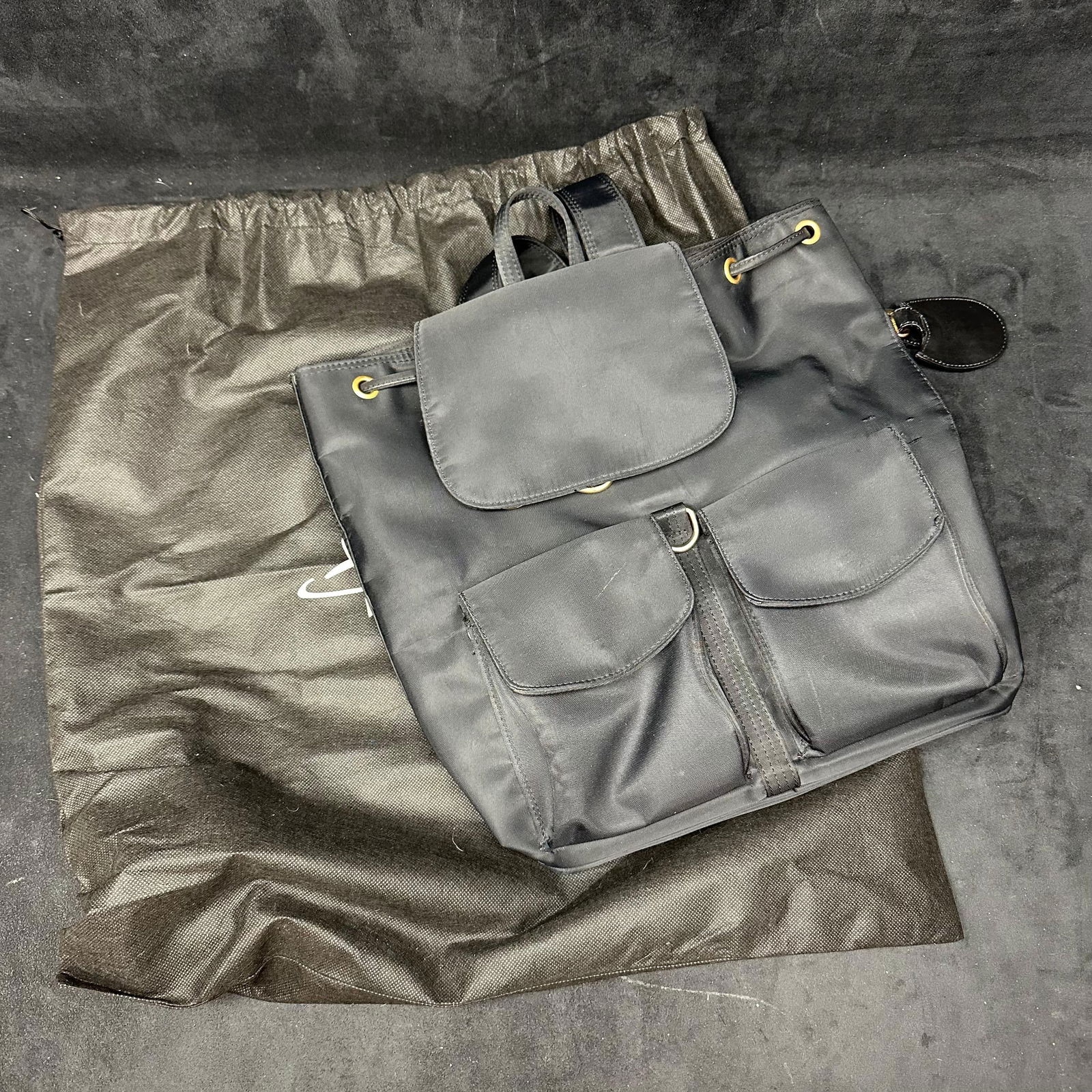 LJS Black Nylon Drawstring Backpack with Gold Tone Hardware - 10