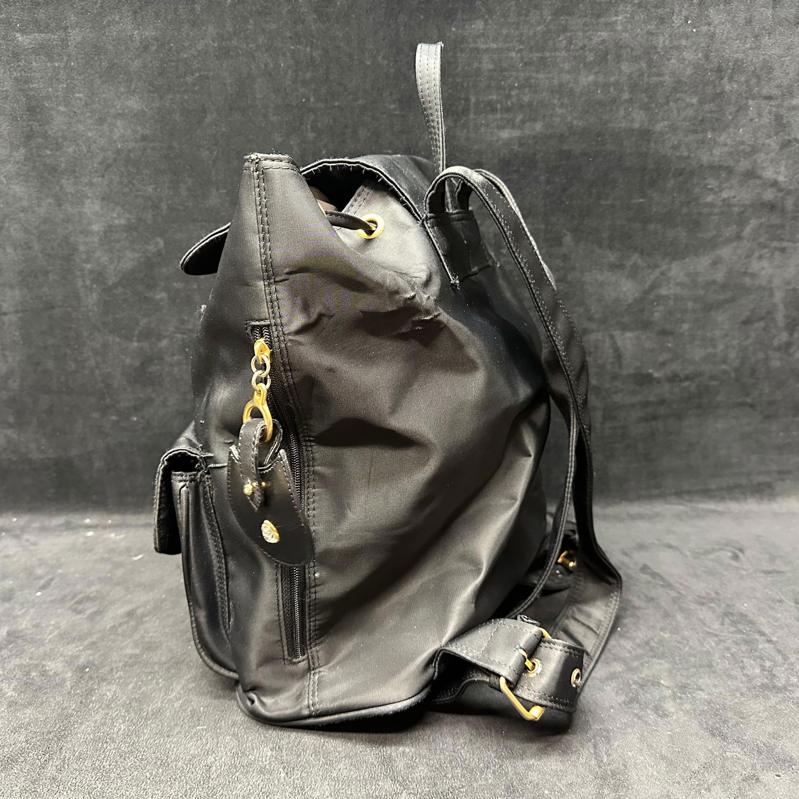 LJS Black Nylon Drawstring Backpack with Gold Tone Hardware - 2