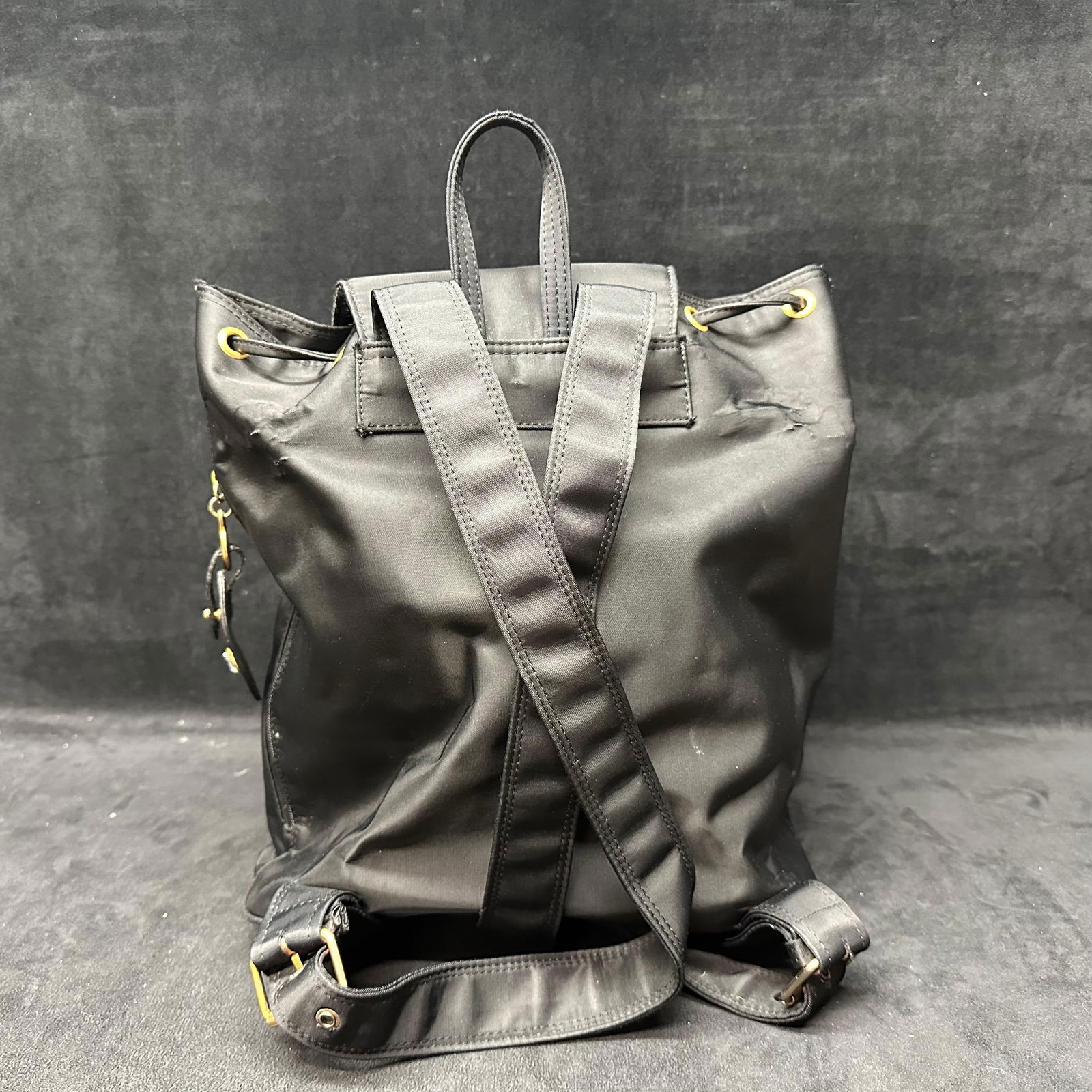 LJS Black Nylon Drawstring Backpack with Gold Tone Hardware - 3