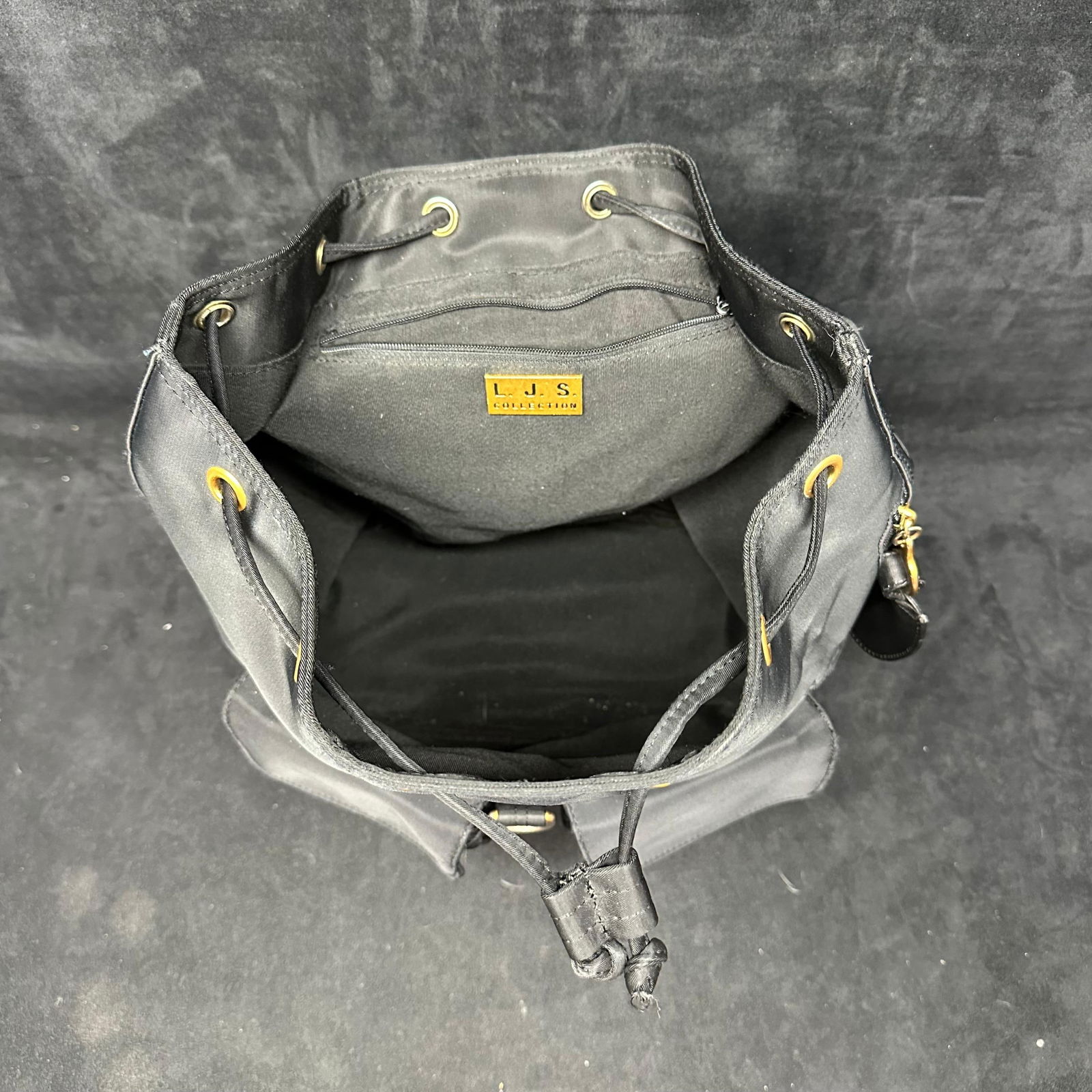 LJS Black Nylon Drawstring Backpack with Gold Tone Hardware - 5