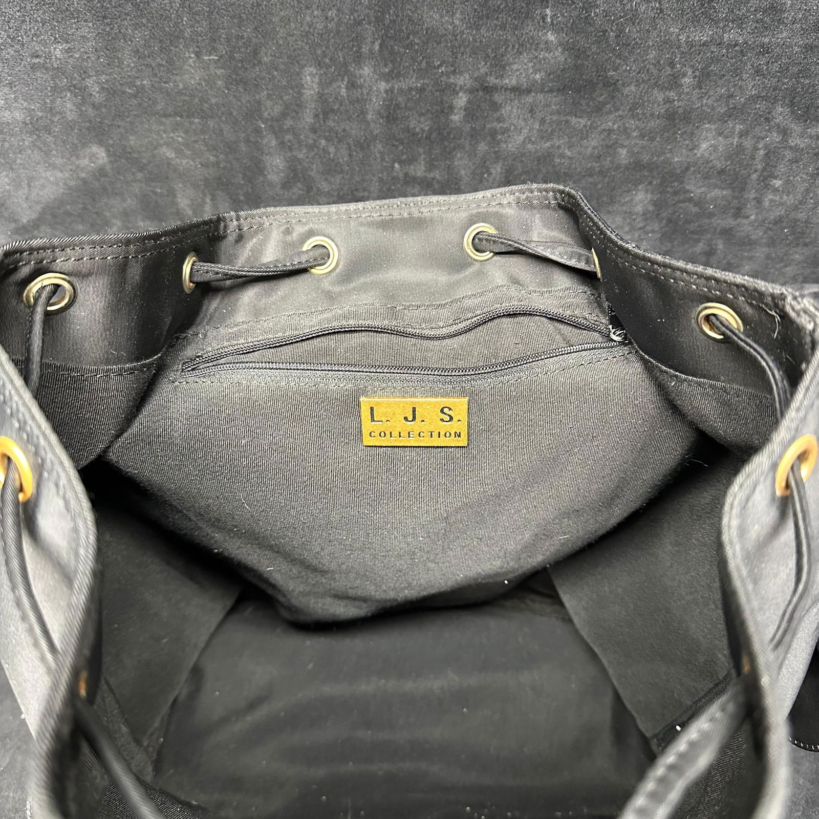 LJS Black Nylon Drawstring Backpack with Gold Tone Hardware - 6