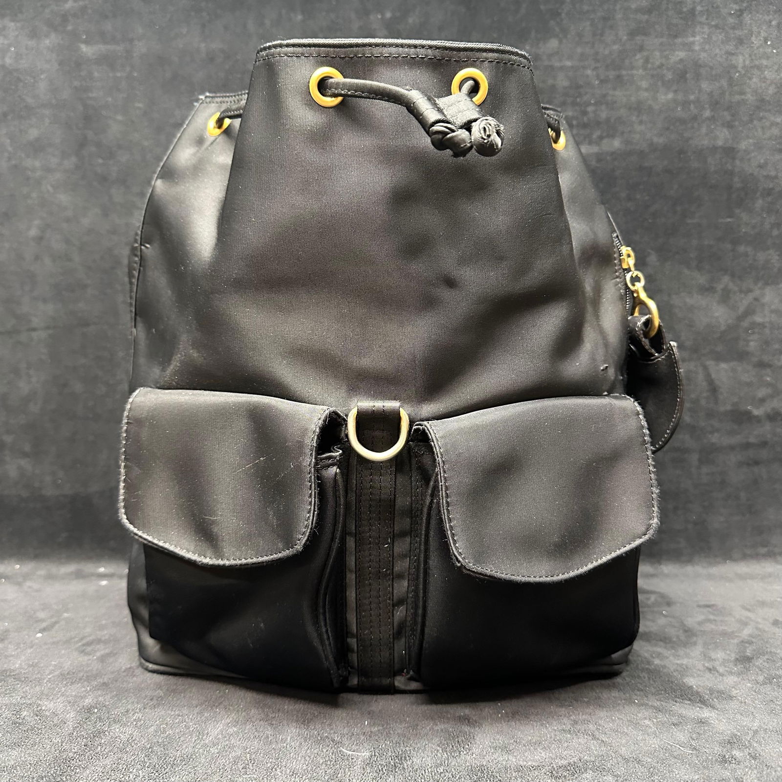 LJS Black Nylon Drawstring Backpack with Gold Tone Hardware - 8