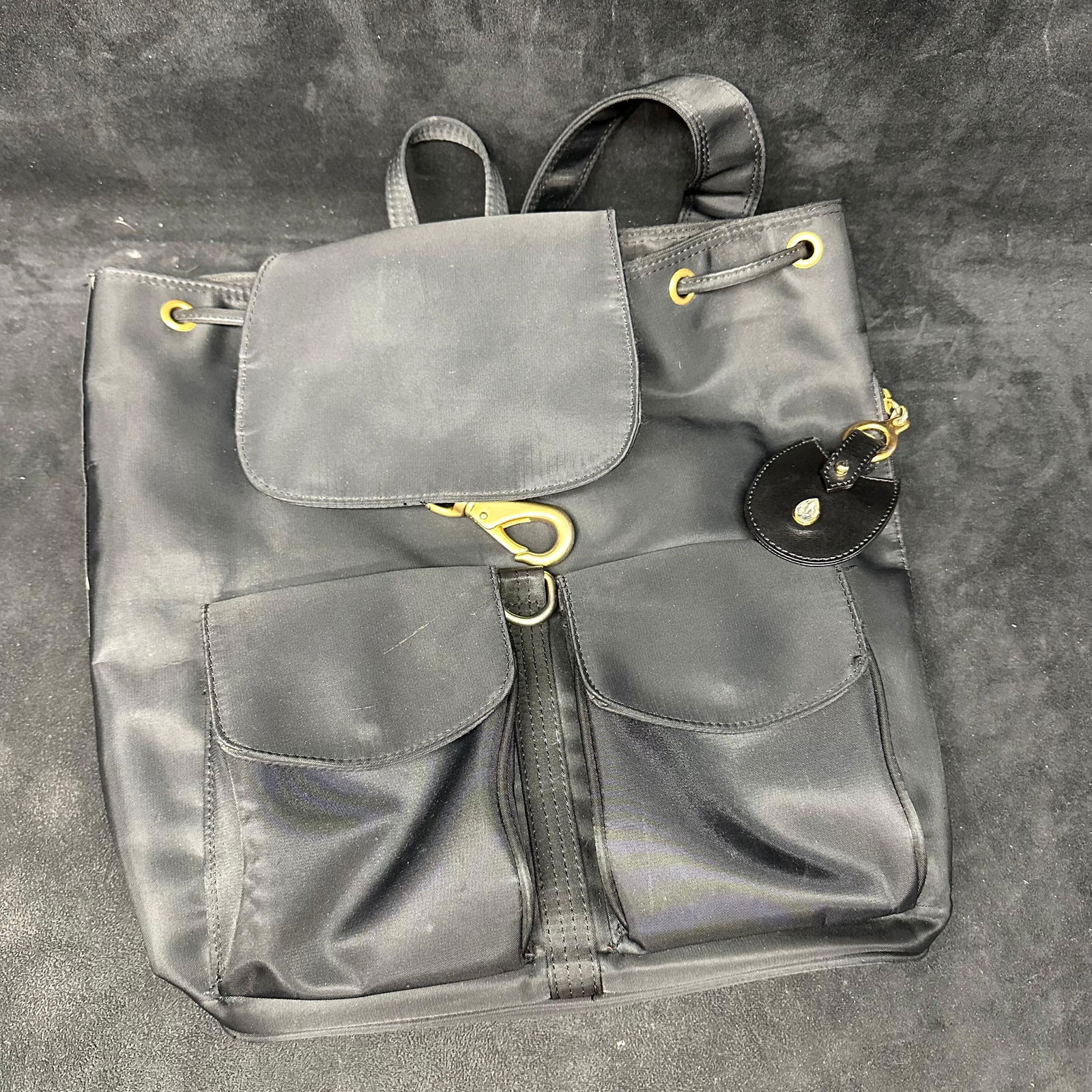 LJS Black Nylon Drawstring Backpack with Gold Tone Hardware - 9