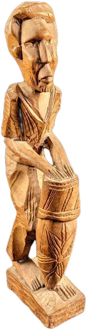 Carved Art Sculpture Man Playing On Ornate Drum Wood Folk: Carved Wood Folk Art Sculpture Man Playing On Ornate Drum. Is approx 2" x 2 3/4" x 10" and it weighs under one pound at 0.36lb. The figure is in a good, vintage condition with signs of light wear.