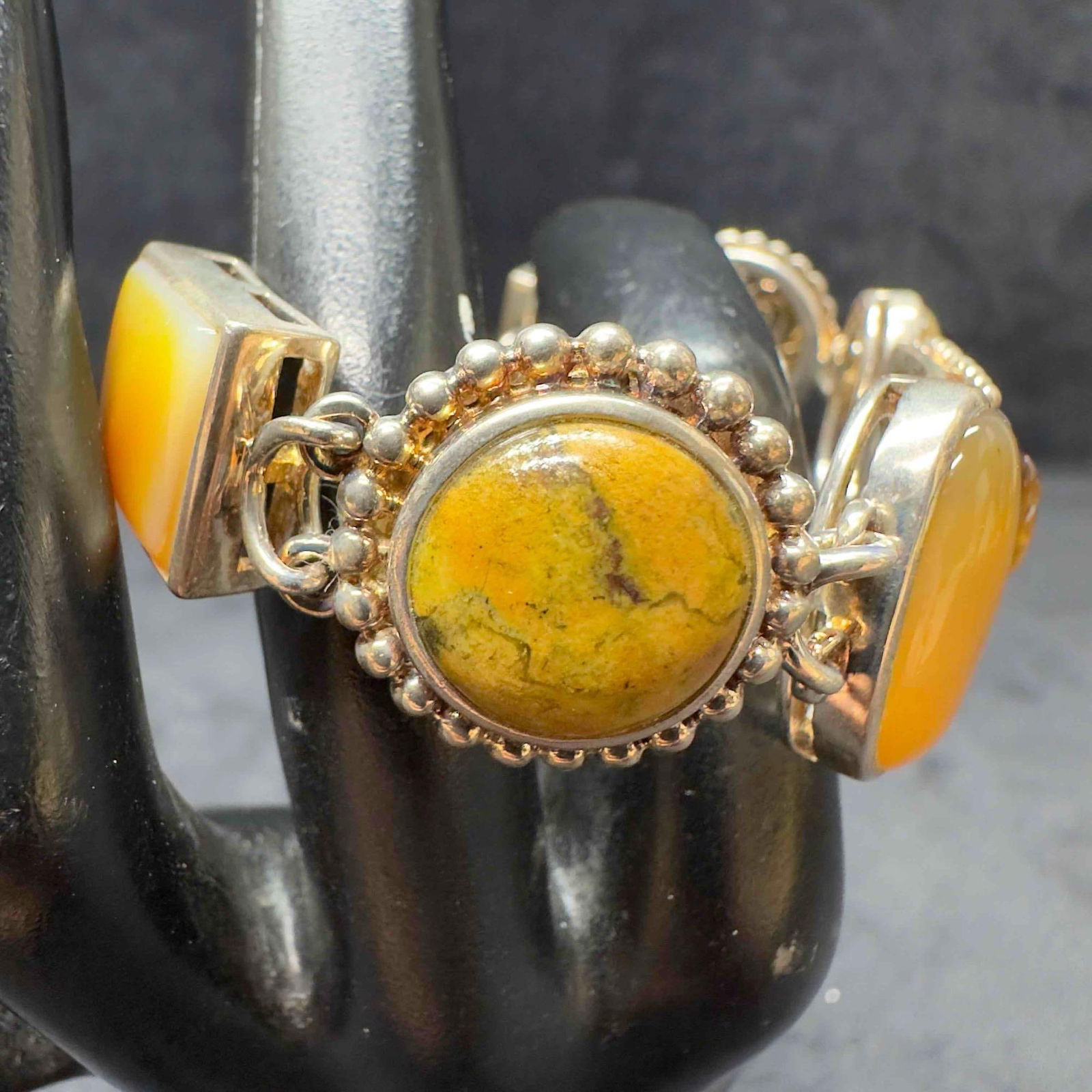 Carved Tiger Eye Yellow Agate Jasper Whitney Kelly Sterling Bracelet Mother of Pearl: This item is in good pre-owned, previously used/displayed condition with noticeable light wear, and surface scratches. Please reference all photos for full details. This piece of jewelry has been
