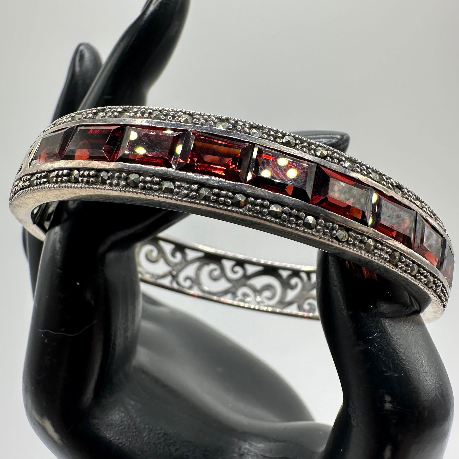 Nine Radiant Cut Style Red Garnet Marcasite Accent Sterling Hinged Bracelet (1 of 9)