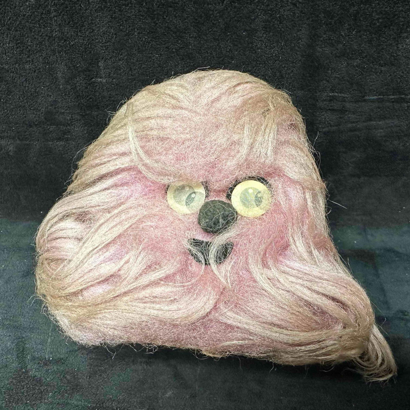 Pink Purple Fuzzy Novelty Decorative Head with Lenticular Eyes Vintage Toy: Vintage novelty decorative head made with pink/purple colored synthetic fiber covering, lenticular googly eyes, and applied nose and mouth. The piece is hollow inside with an open bottom, likely for