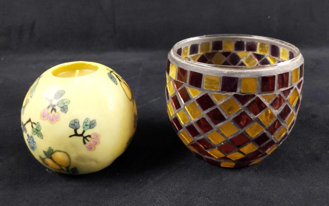 Hand Sculpted Candle And Mosaic Canister: This lot includes: (1) Small Mosaic Glass Canister. Looks really nice with light or bit of sunshine is behind it. Canister is approx 4 1/2" x 4 1/2" x 4". Has some light wearing on