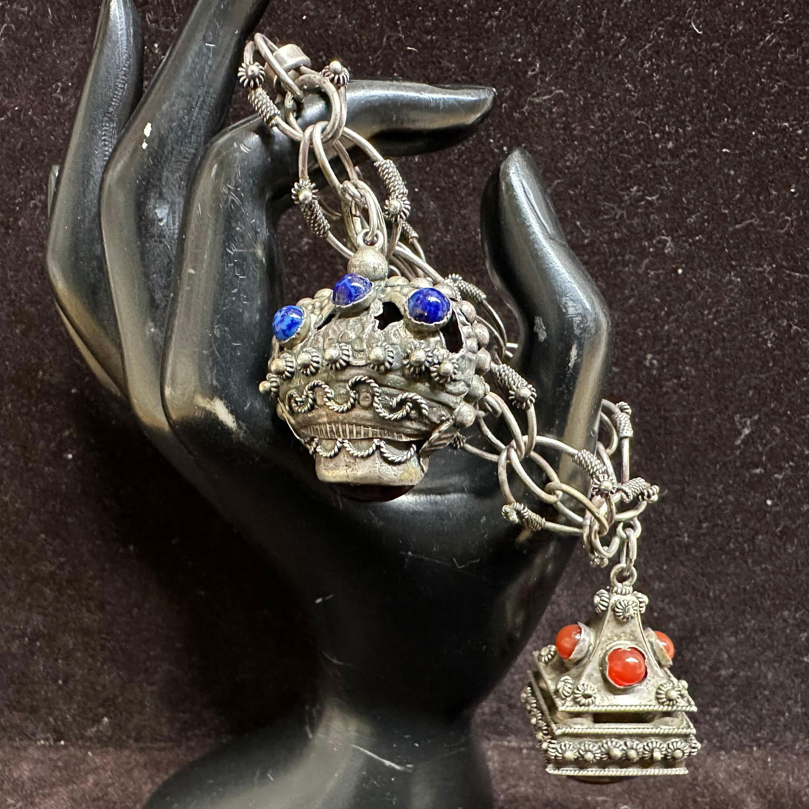 Etruscan Revival Style Multi Colored Gemstone Charm Bracelet L90: This item is in good pre-owned, previously used/displayed condition with noticeable light wear and surface scratches. Please reference all photos for full details. This piece of jewelry has been