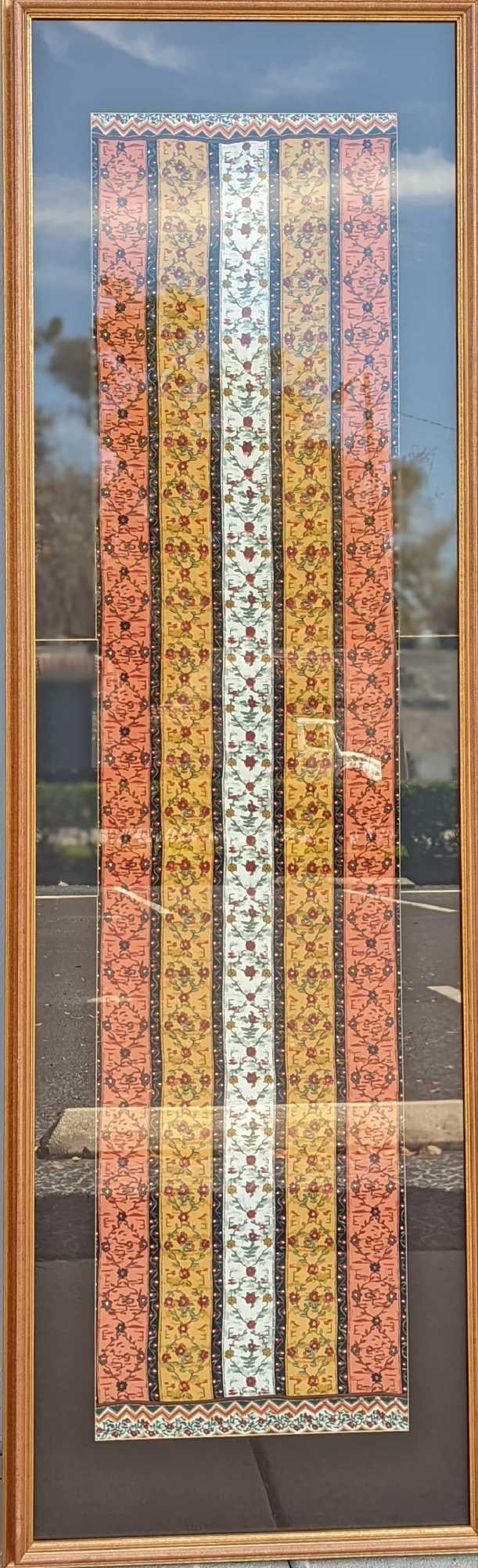 Framed Metropolitan Museum Of Art Hand Dyed Scarf: Framed Metropolitan Museum Of Art Hand Dyed Scarf. The framed scarf is approx 23" x 1 1/2" x 72 1/2" and it weighs 20.5lbs. The framed scarf is in a good, used condition with some very white small spo