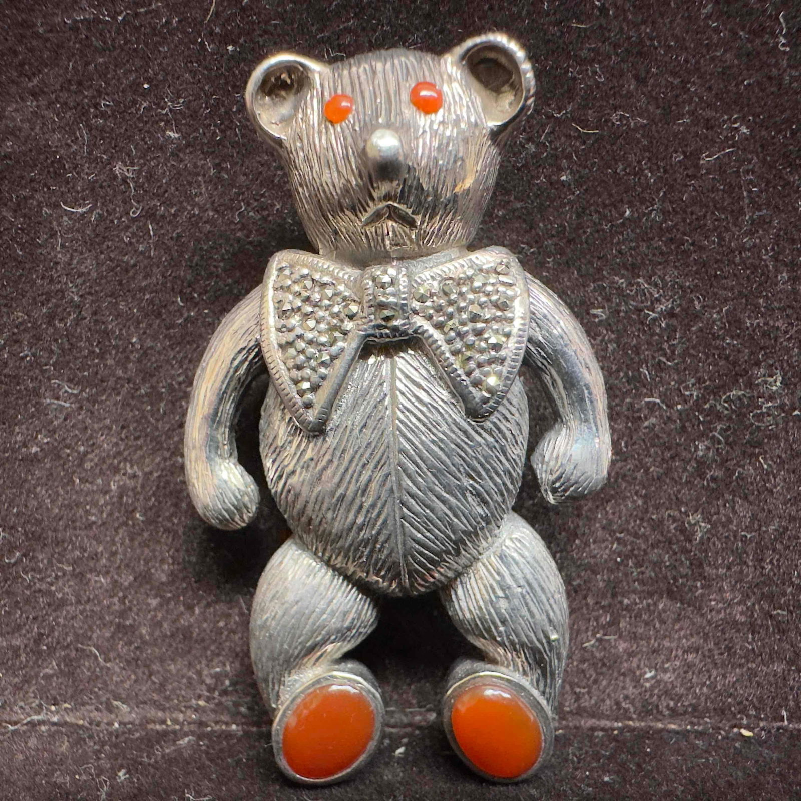 Teddy Bear Marcasite Carnelian Sterling Silver Brooch Pin C89: This item is in good pre-owned, previously used/displayed condition with noticeable light wear, and surface scratches. Please reference all photos for full details. This piece of jewelry has been
