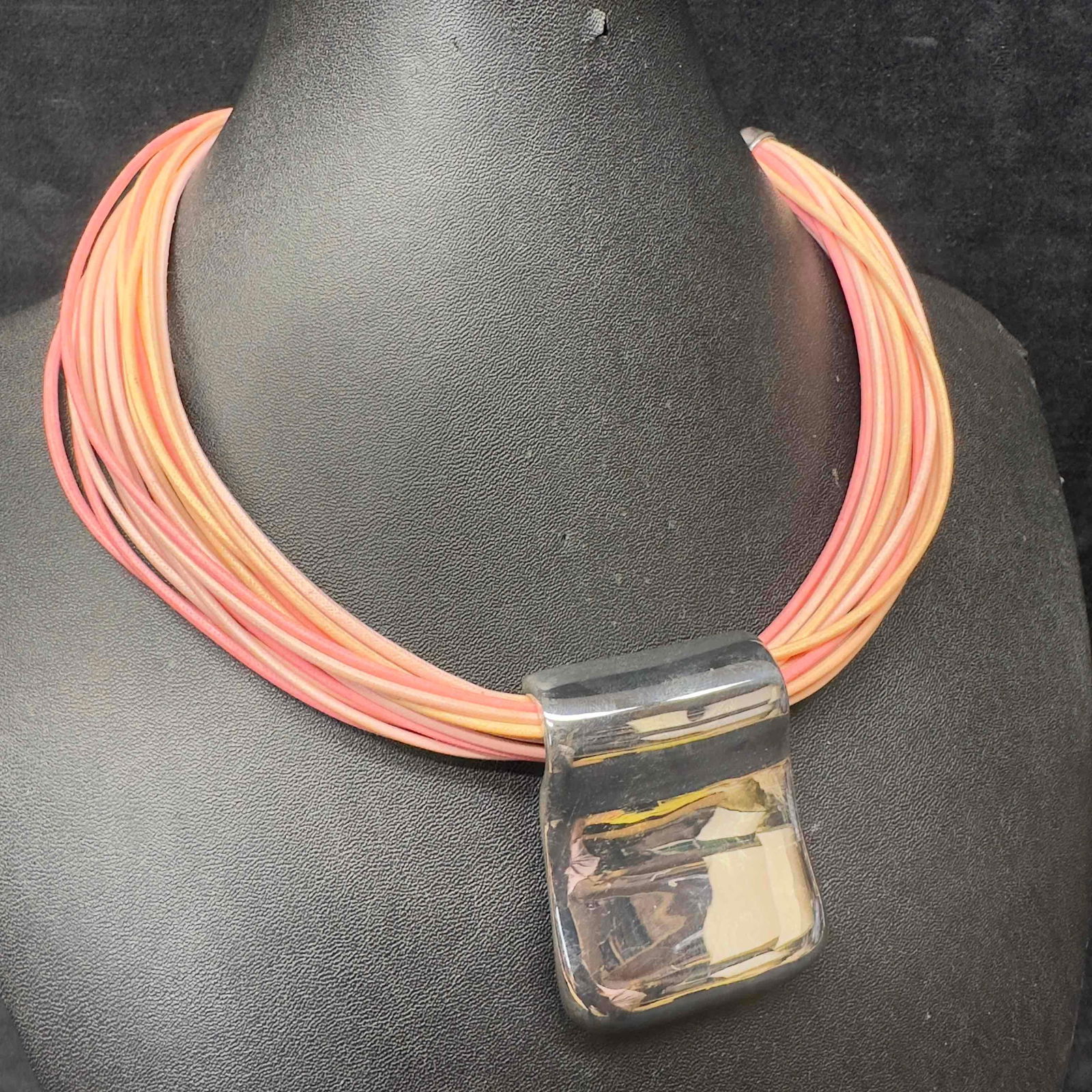 Milor Pink Leather Multi Strand Sterling Silver Pendant Enhancer Necklace: This item is in good pre-owned, previously used/displayed condition with noticeable light wear, and surface scratches. Please reference all photos for full details. This piece of jewelry has been