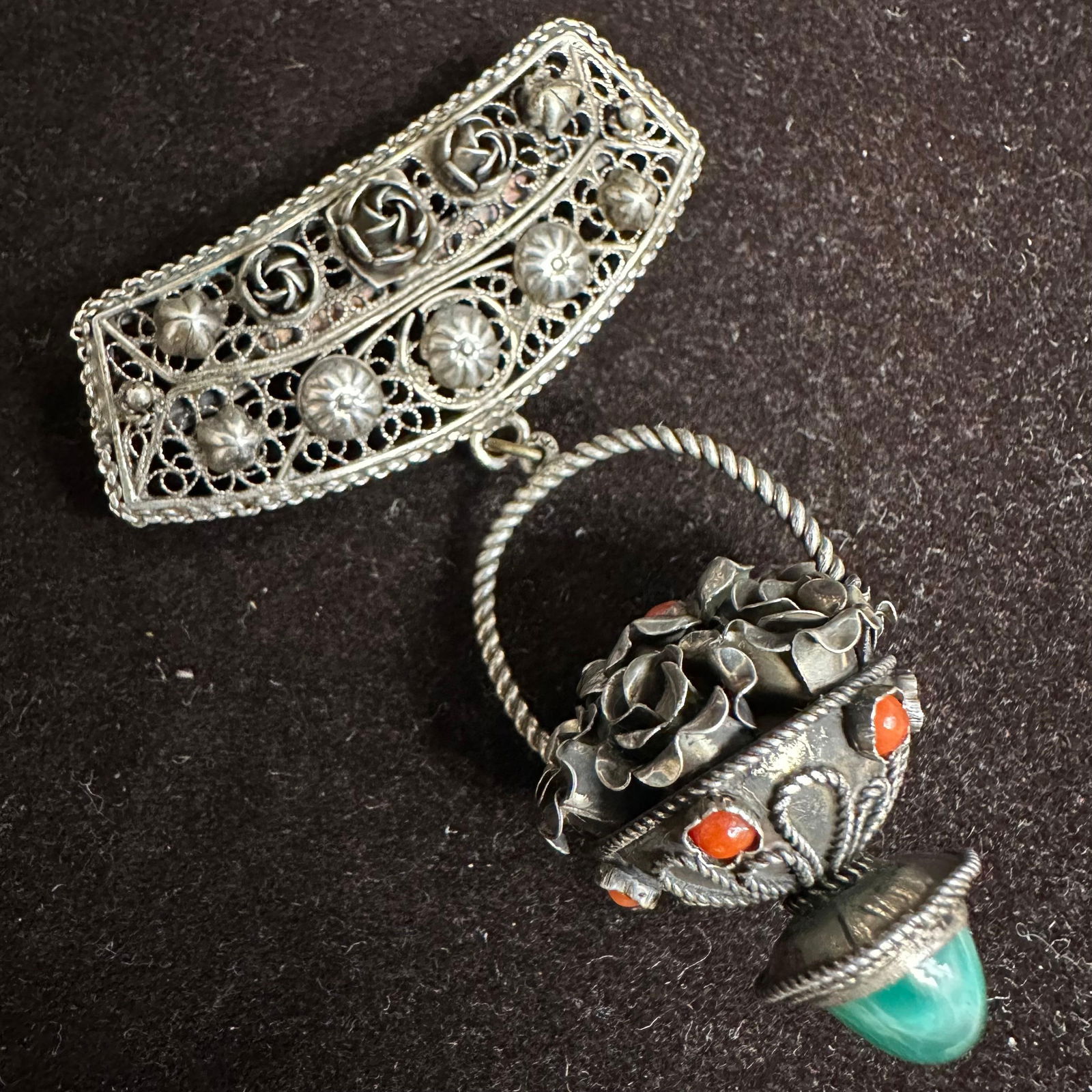 Antique Etruscan Revival 800 Silver Brooch with Fob Coral and Green Turquoise Charm: This item is in good pre-owned, previously used/displayed condition with noticeable light wear and surface scratches. Please reference all photos for full details. This piece of jewelry has been teste