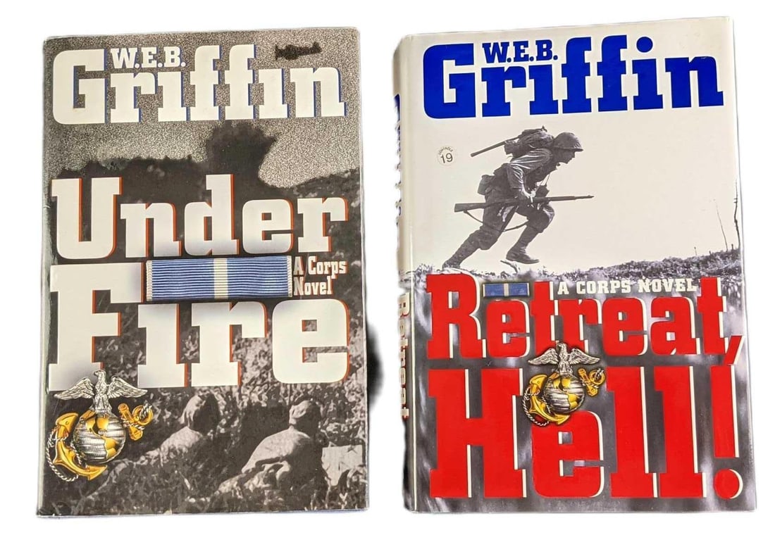 W.E.B Griffin Under Fire & Retreat Hell Hardcovers: This lot includes: (1) Under Fire: A Corps Novel. Was published by G.P. Putnam's Sons (New York) on 2002. The book is approx 6 1/2" x 2" x 9 1/4". (1) Retreat Hell: A Corps Novel. Was