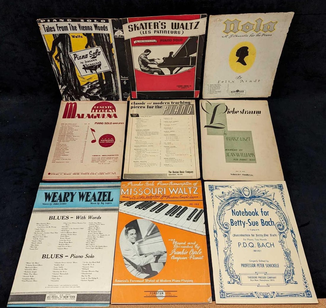 9 Vintage Piano Sheet Music: 9 Vintage Piano Sheet Music. This lot includes: (1) Skater's Waltz. This was copyrighted in 1935.(1) Tales From The Vienna Woods. This was copyrighted in 1940.(1) Nola - A Silhouette For The