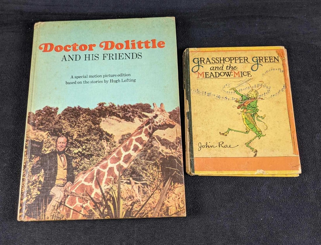 Vintage Hardcover Copies of Children's Books: The books in this lot are GrassHopper Green and the Meadow Mouse written and illustrated by John Rar and Doctor Dolittle and His Friends. These are both hardcover copies. The Doctor Dolittle book