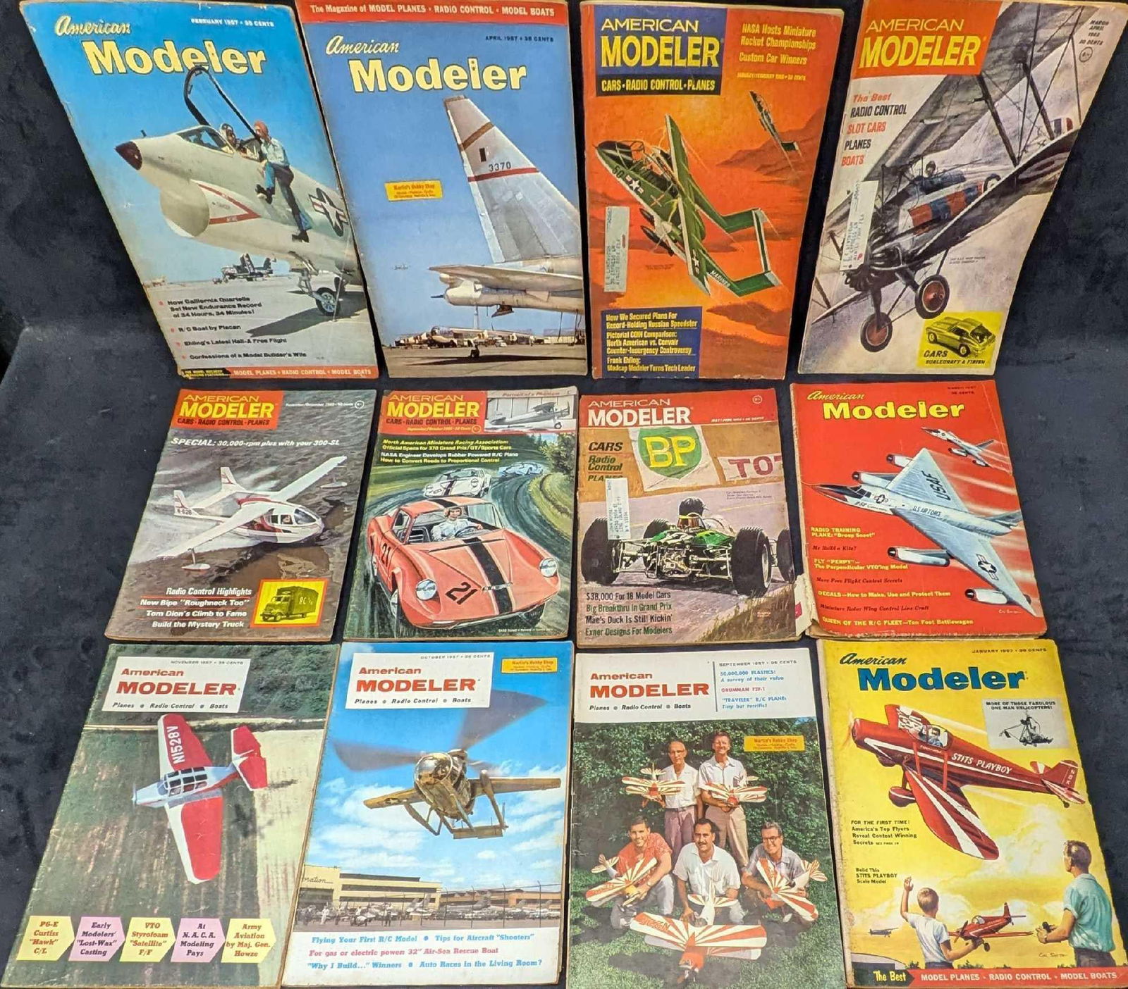 12 Vintage 1950s 1960s American Modeler Magazines: 12 Vintage 1950s 1960s American Modeler Magazines. Each of the magazines are approx 8 3/4" x 1/8" x 11" and the total weight is 3.38lbs. The covers have shelf wear and the pages have discoloration